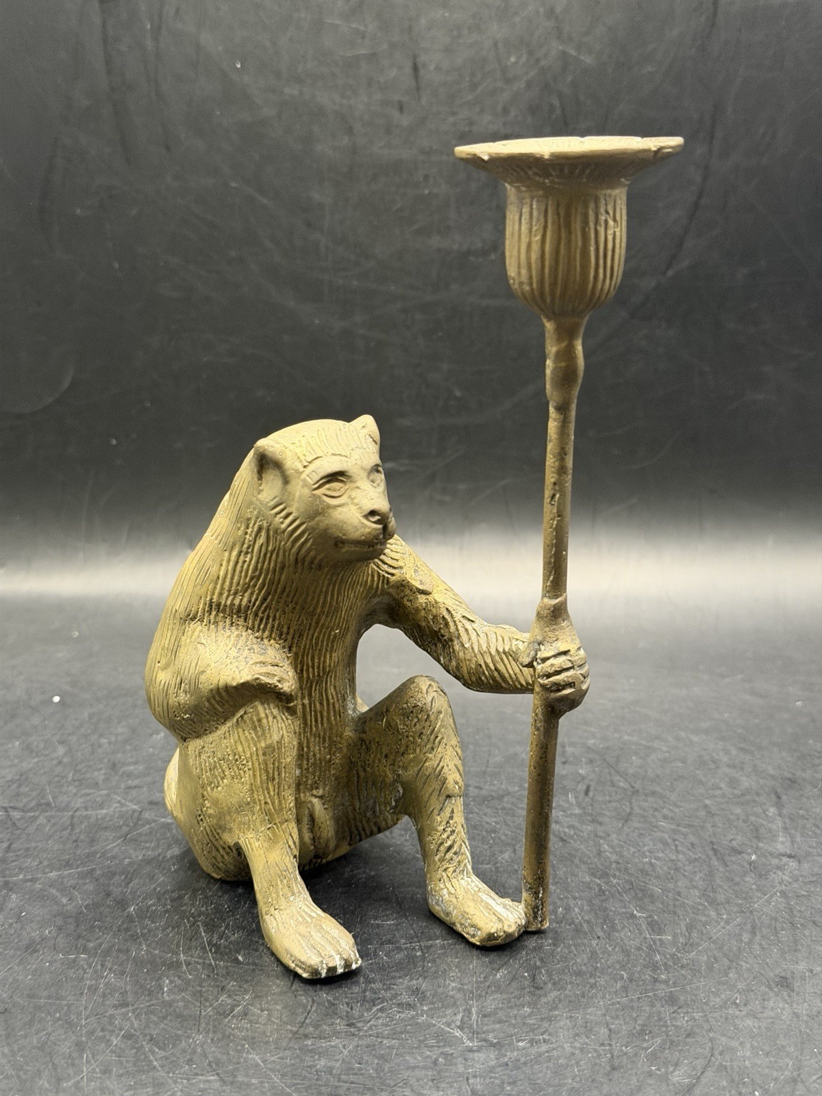 Antique Vintage Heavy Cast Iron Monkey Baboon Figural Candle Holder 7\
