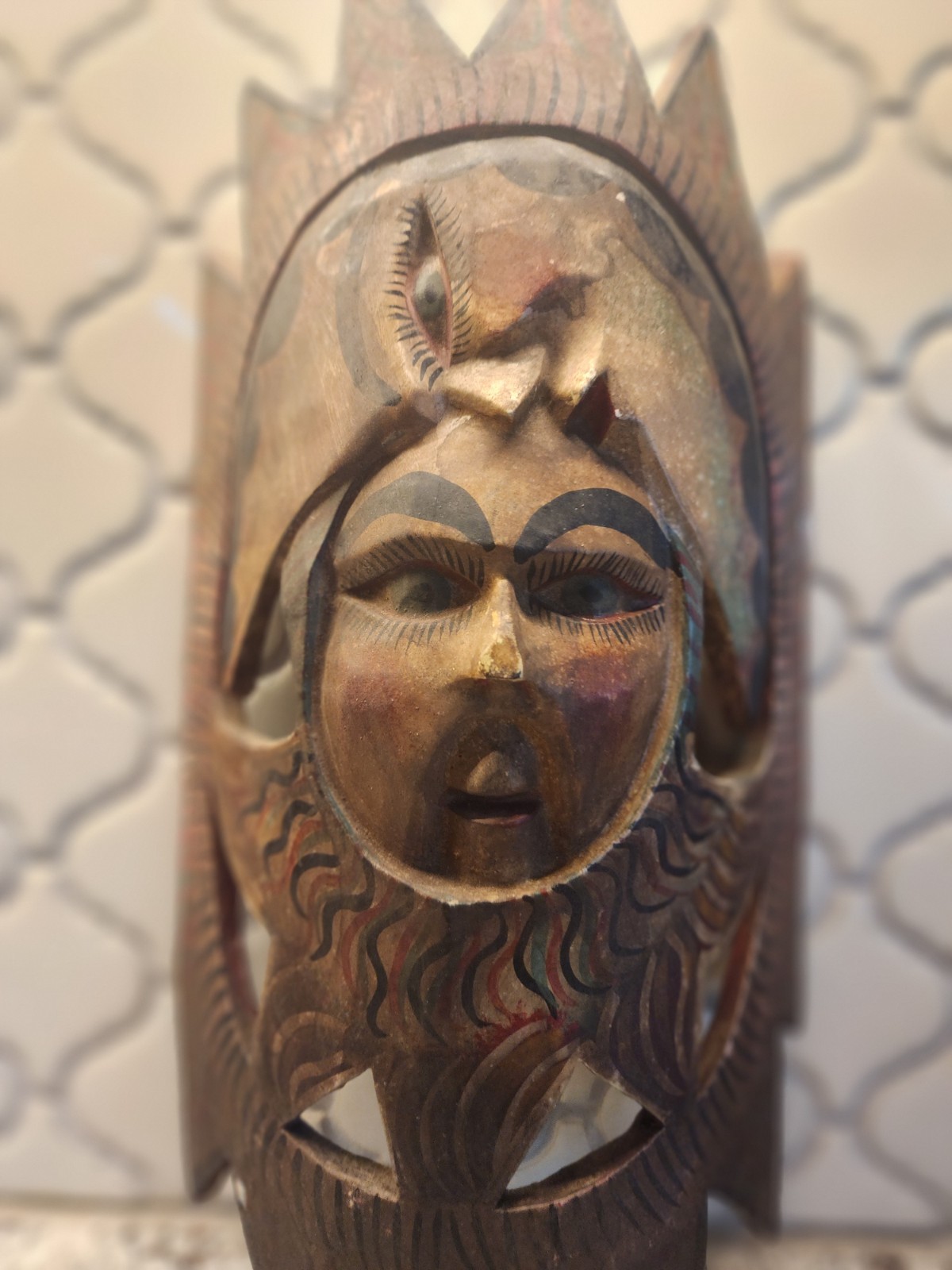 Vtg 1940s Mexican Folk Art Sun Moon Wood Mask Guerrero Deco Celestial Aniline Vtg 1940s Mexican Folk Art Sun Moon Wood Mask Guerrero Deco Celestial Aniline