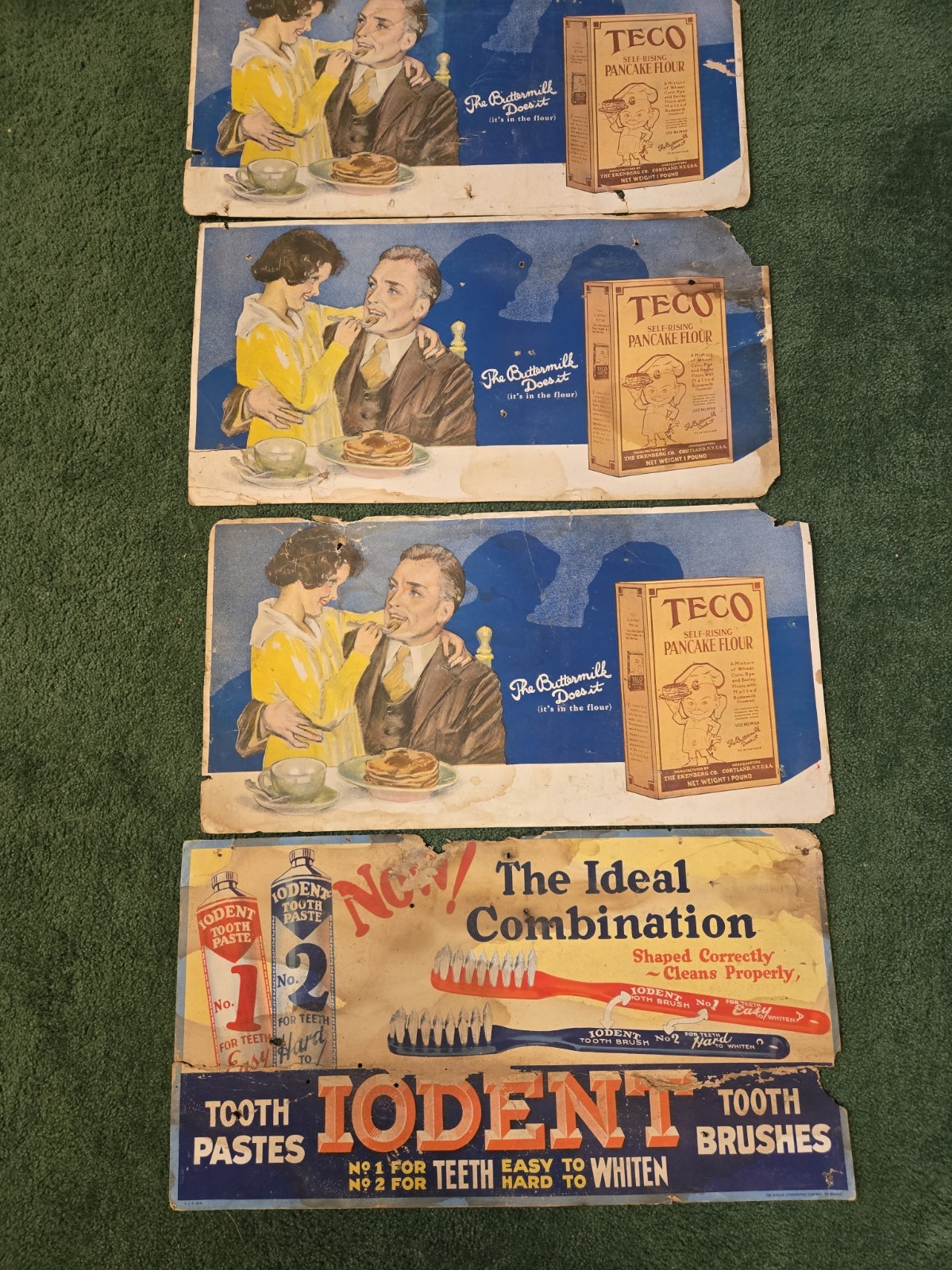 Lot of 4 Antique 1920s Country Store Cardboard Display Signs TECO Pancake Iodent