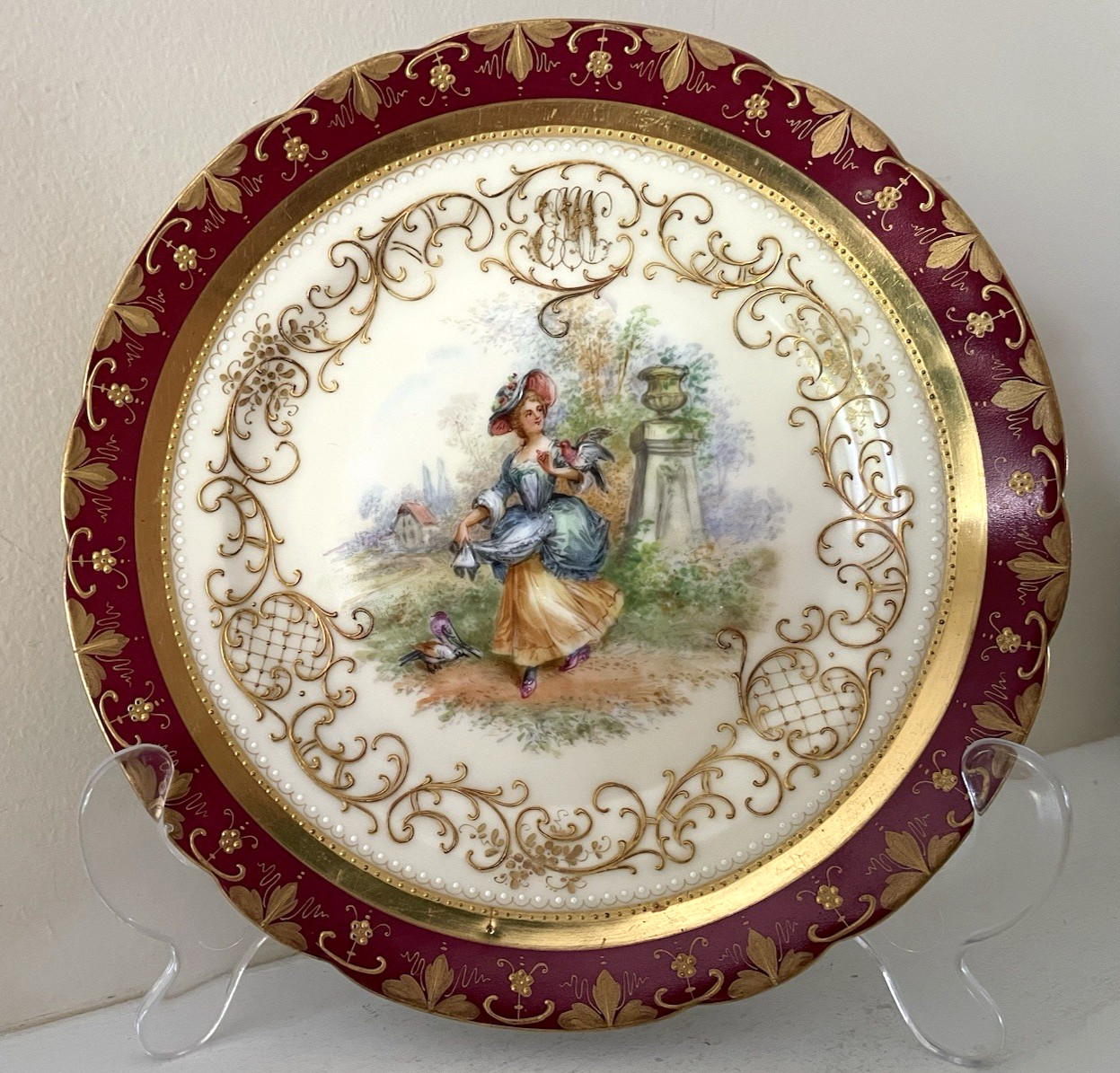 Rare Atq Ambrosius Lamm Dresden Plate Jeweled Monogram Gold Encrusted 7 3/4\ Rare Atq Ambrosius Lamm Dresden Plate Jeweled Monogram Gold Encrusted 7 3/4\