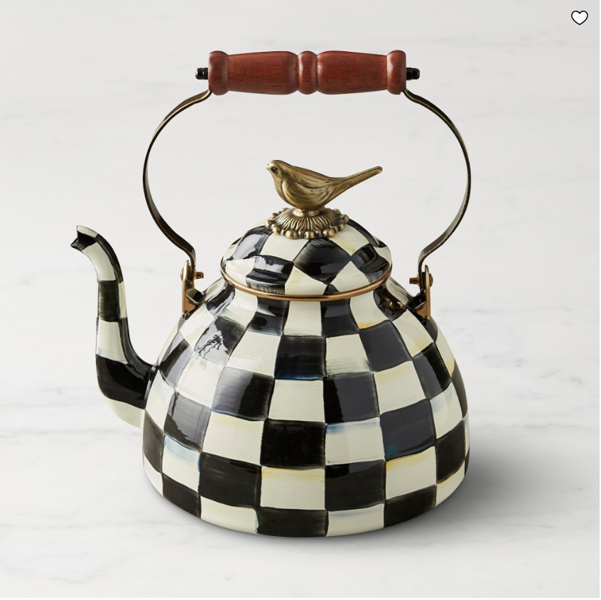 MacKenzie-Childs Courtly Check Tea Kettle 3 Qt with Bird Knob, Whistling Stoveto MacKenzie-Childs Courtly Check Tea Kettle 3 Qt with Bird Knob, Whistling Stoveto