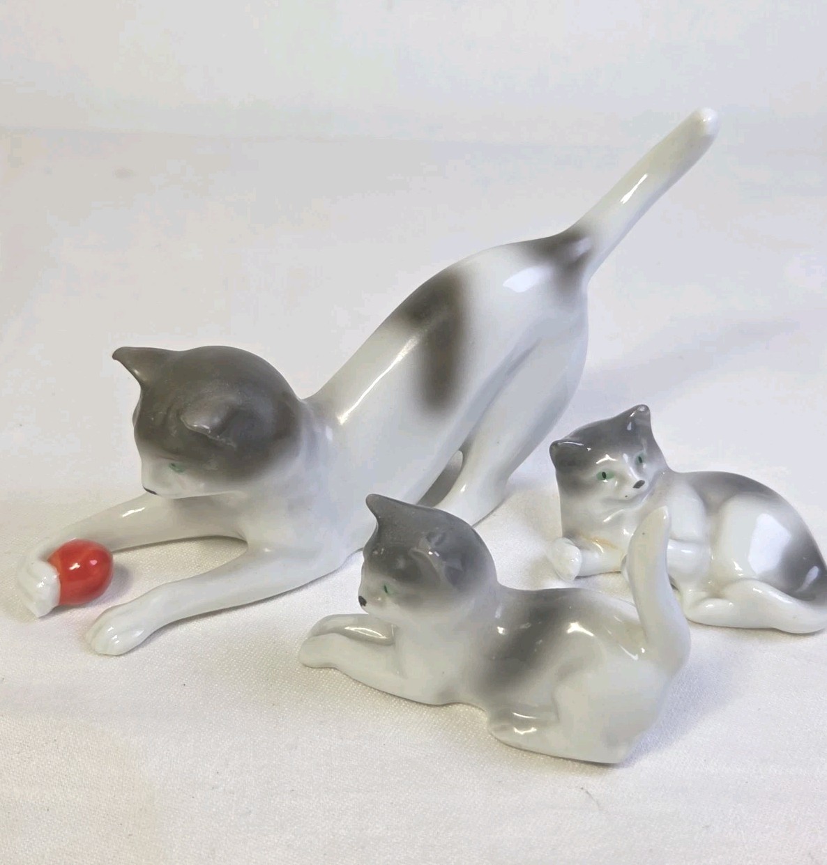 Adorable Set of 3 Vintage ERPHILA Germany Porcelain White & Gray Cat Figurines 