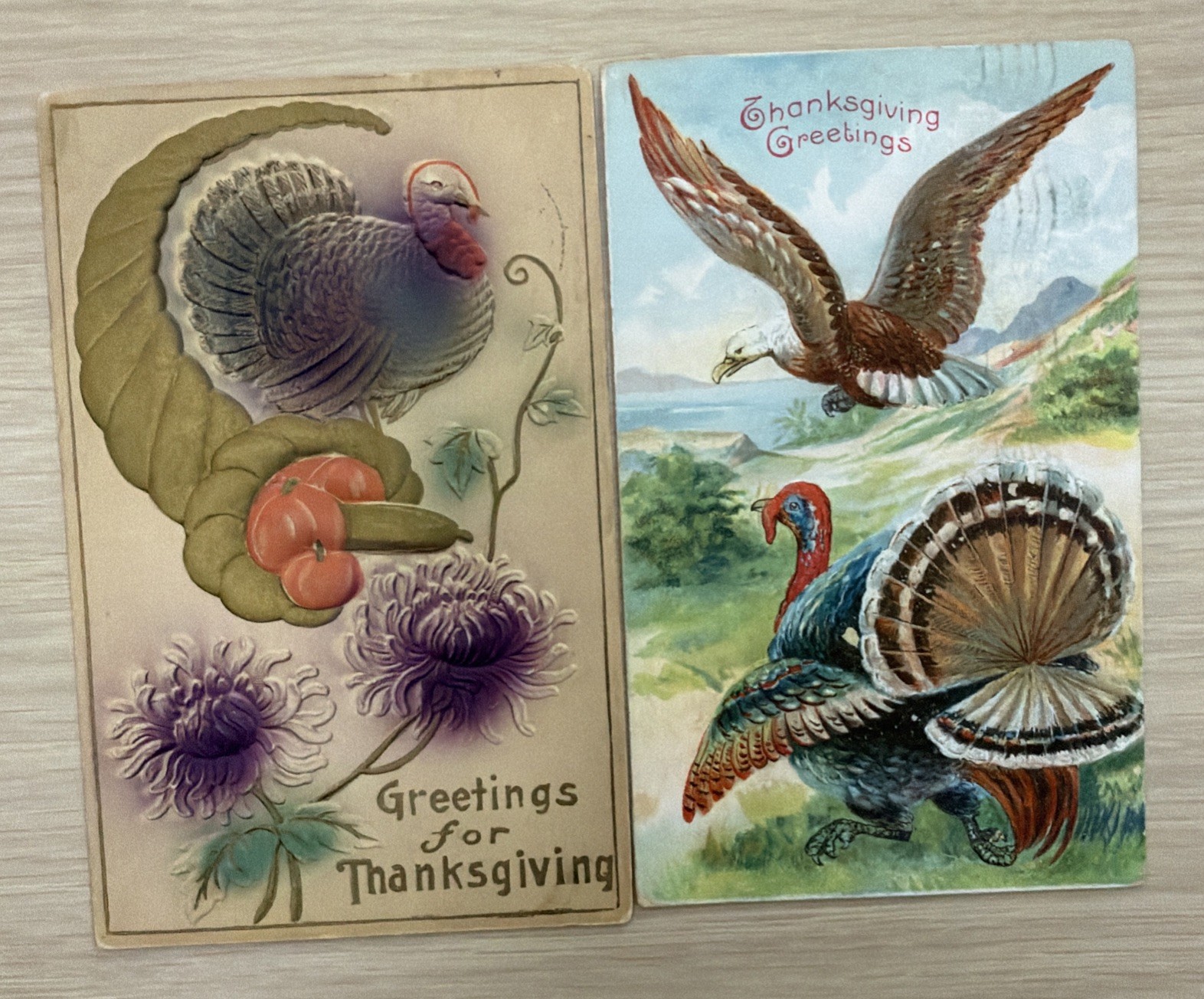 Lot of 2 Antique~Thanksgiving Postcards~with Turkey Airbrushed Embossed Eagle
