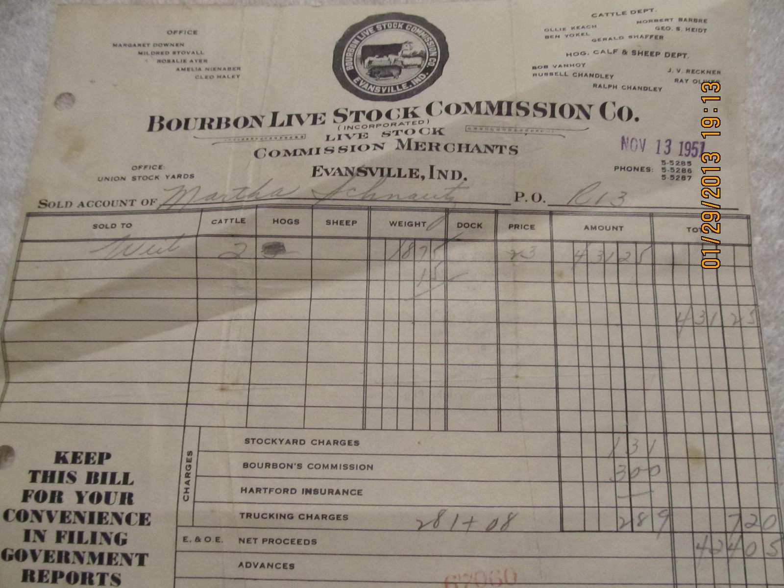 1951 Invoice Receipt Bourbon Live Stock Commission Co. Evansville IN Schnautz