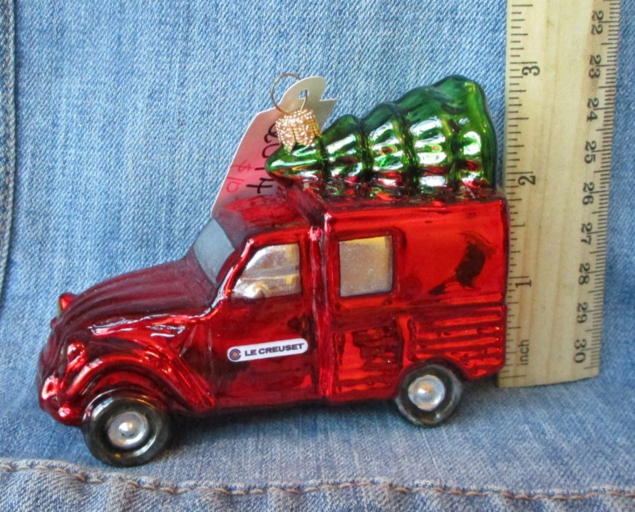 Le Creuset Red Truck Mouth Blown Glass Christmas Tree Ornament BX