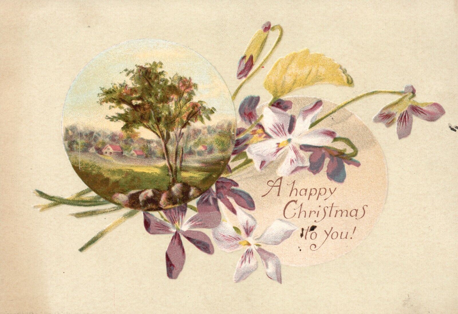 1880s-90s White & Purple Flowers A Happy Christmas to you Trade Card 1889