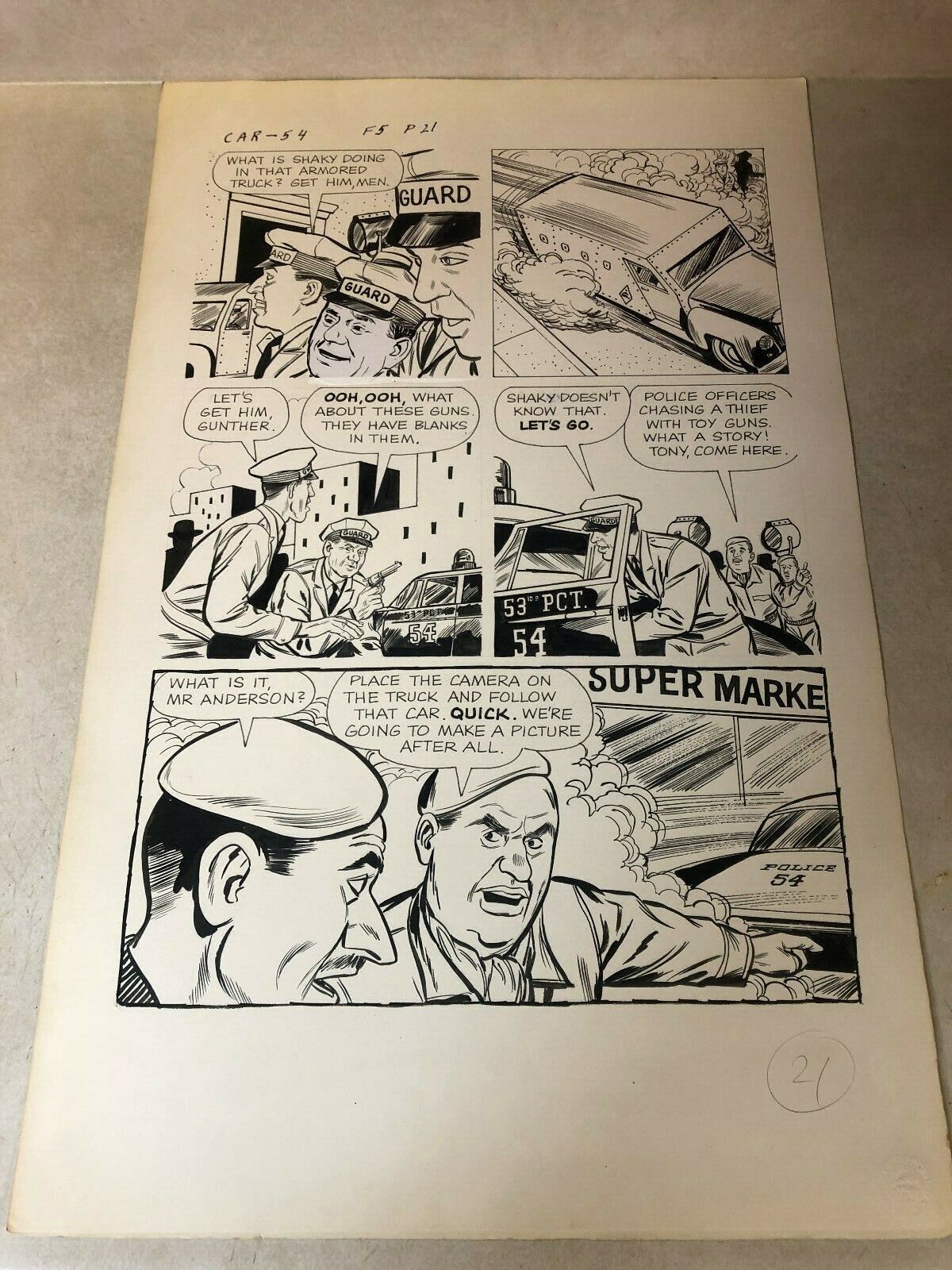 Car 54 #5 original art POLICE tv comic 1963 chase ARMORED CAR with TOY GUNS