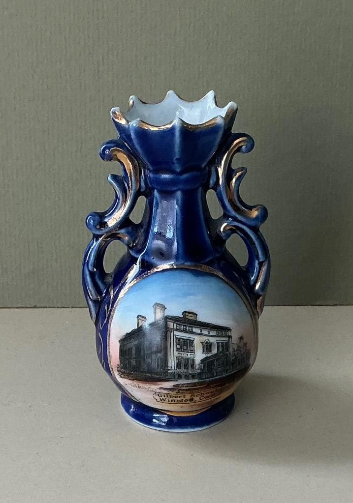 Vintage Cobalt Blue Winsted, CT Souvenir China 3.5” Handled Vase, Gilbert School