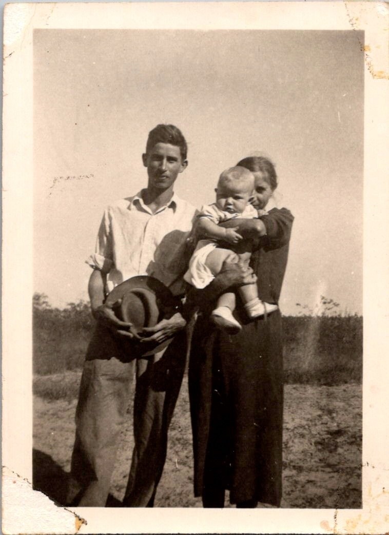 Vintage 1940 Family Photo Man Woman Baby Outdoors Original Sepia Tone Snapshot