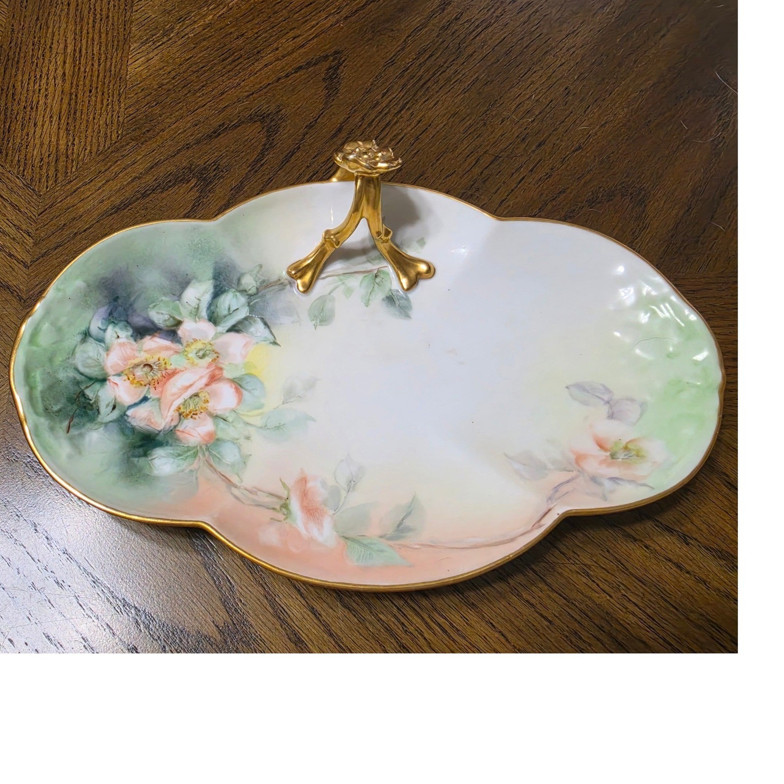 Limoges France WG & Co Wild Rose Porcelain Dish Gilded Flower Handle
