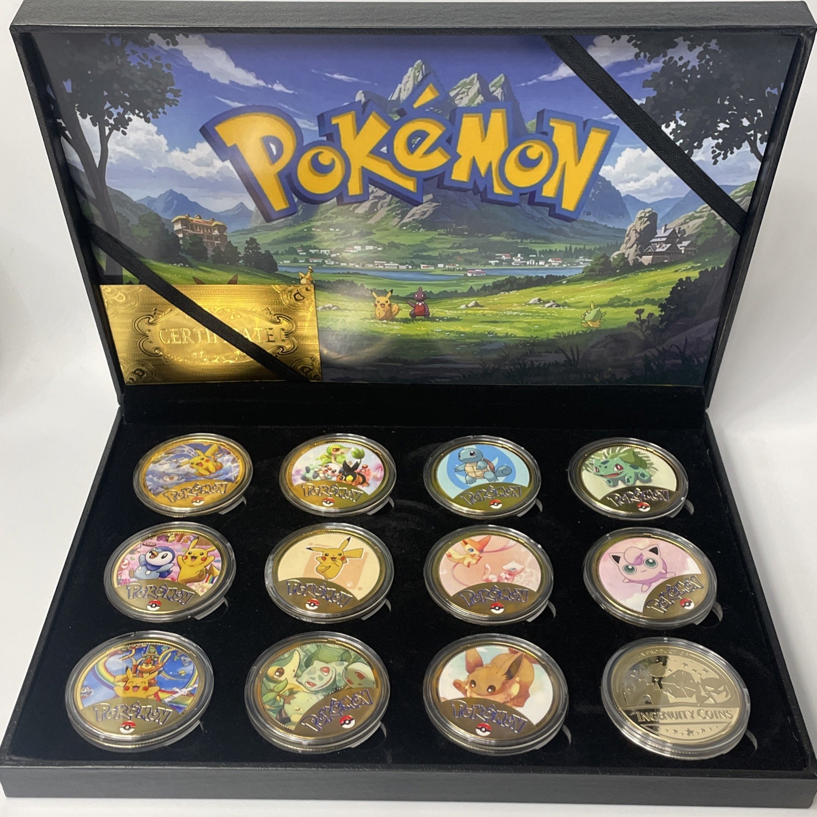 Pokemon 24K Gold Plated 12 Piece Coin Set. Highly Collectible Beautiful Display