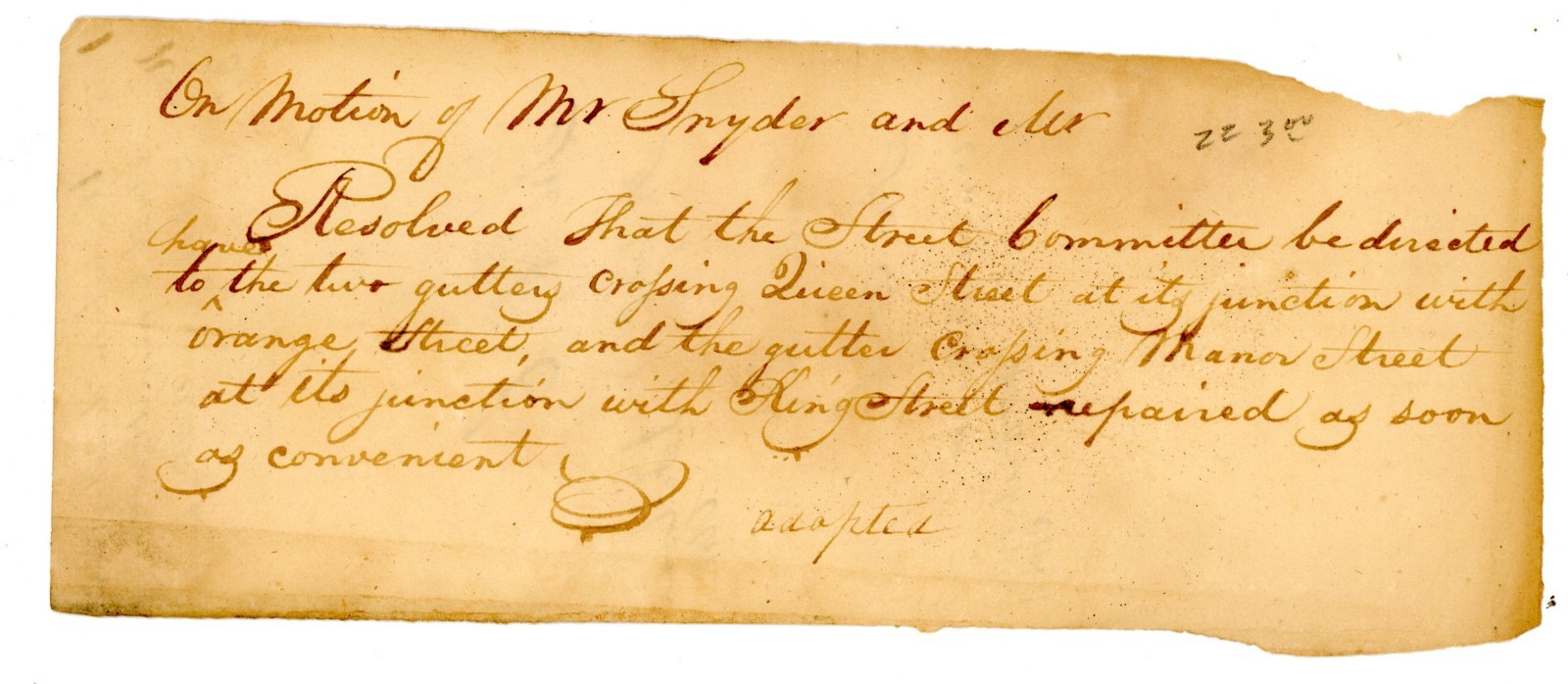 1835 Handwritten Council Letter Street Committee Repairs Queen, Mano Orange Sts