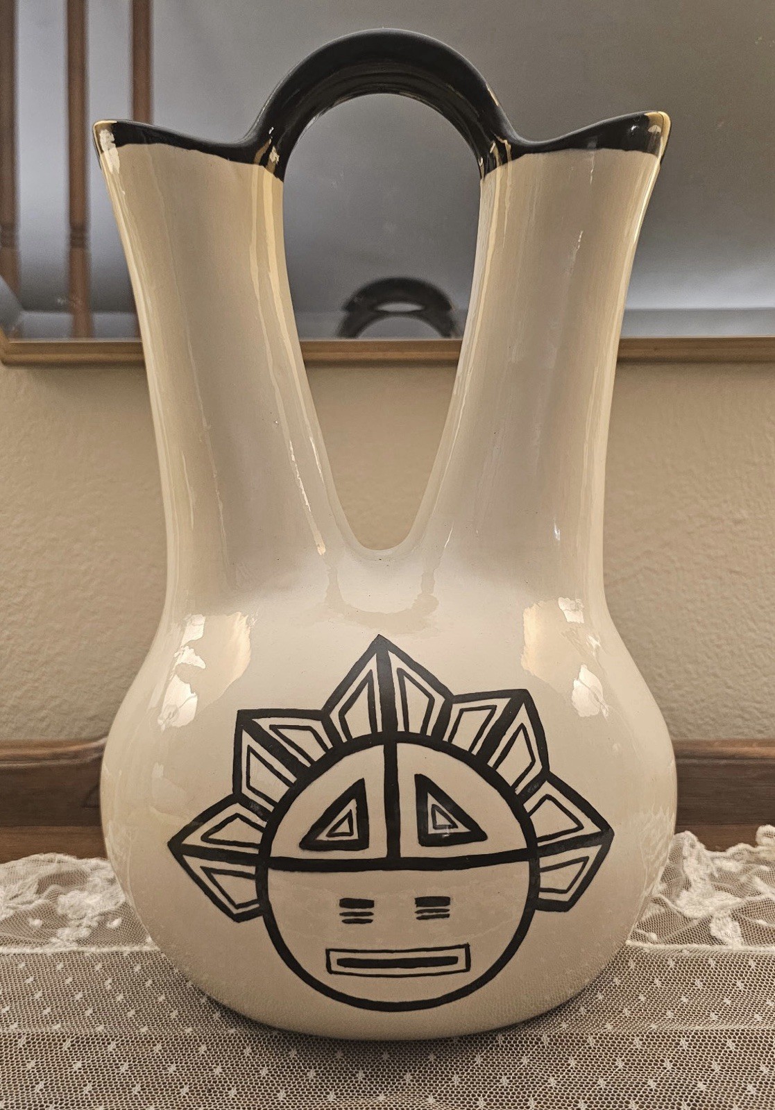 Vintage 1995 Tiqua Pueblo Native American Wedding Vase by Mike Sertuche-Sunface Vintage 1995 Tiqua Pueblo Native American Wedding Vase by Mike Sertuche-Sunface