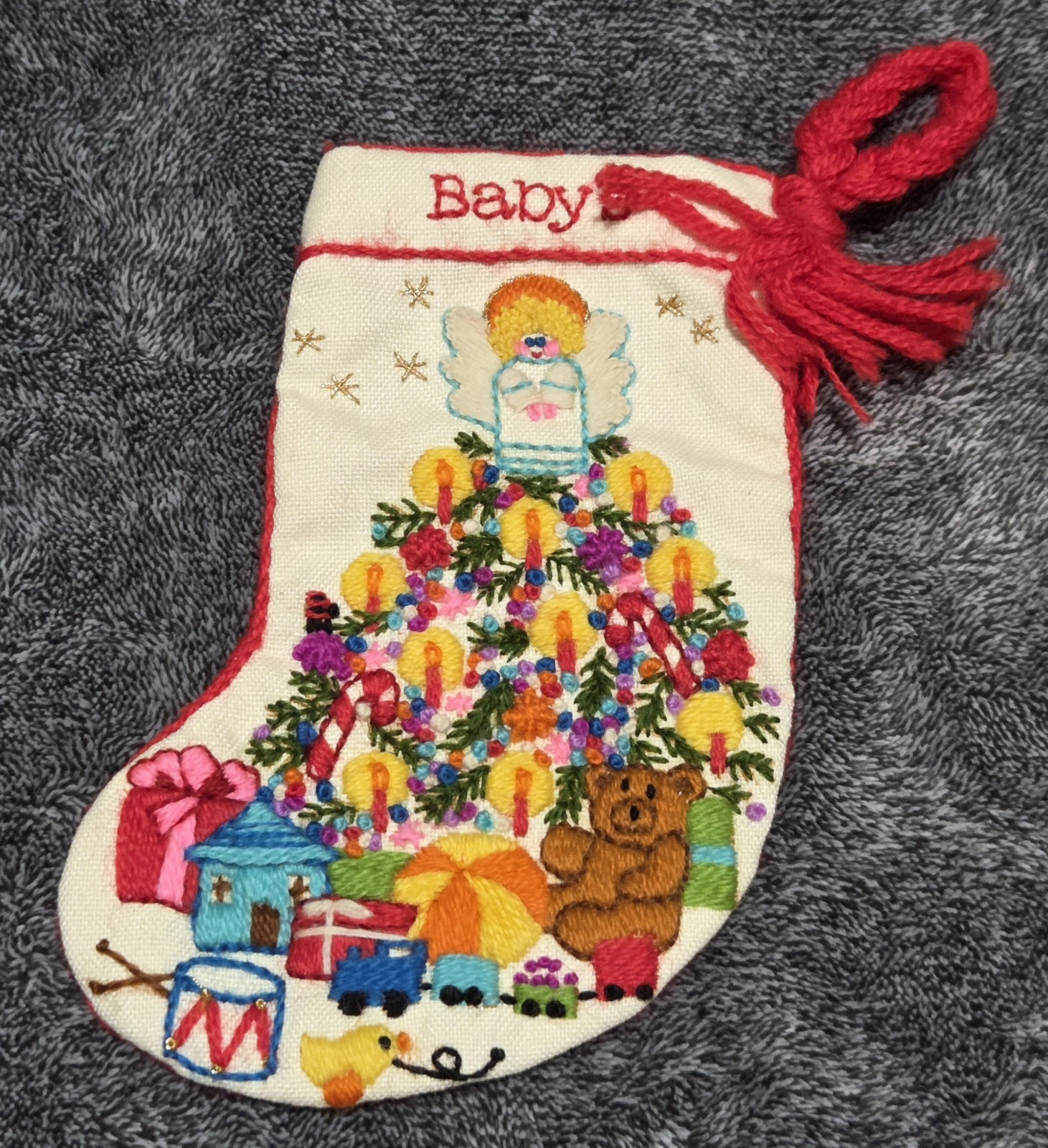 Vintage Sunset Crewel Embroidery Christmas Baby\'s Fantasy Stocking Completed 7\