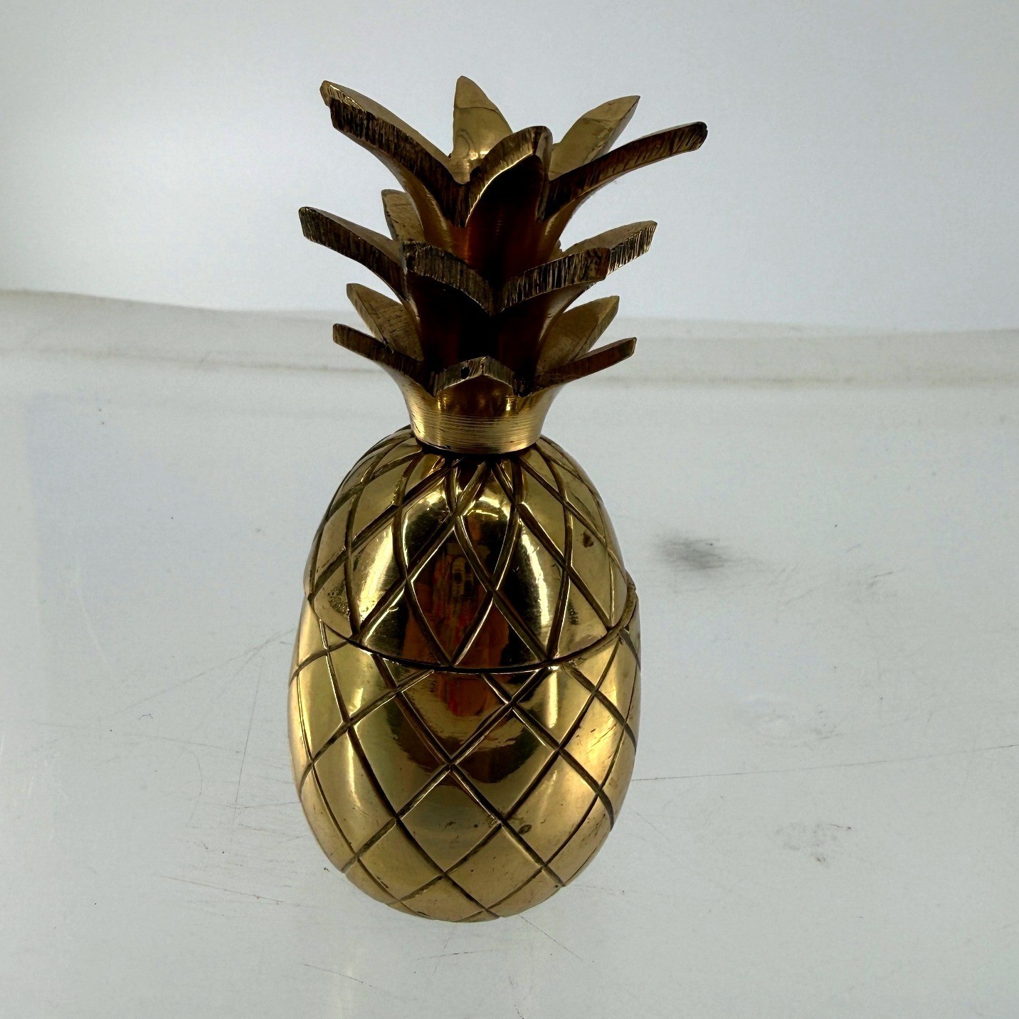 VTG Solid Brass Pineapple Figurine Trinket Box Hollywood Regency Tropical Decor