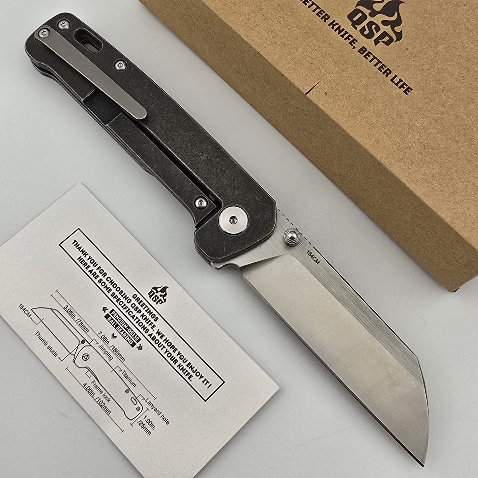 QSP Penguin Folding Knife 154CM Satin Sheepfoot Titanium Frame Lock QS130M
