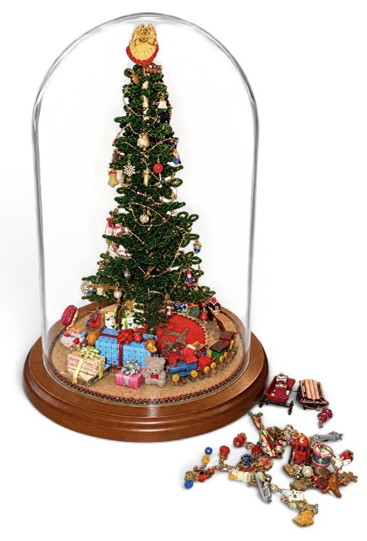 Vintage Westrim Beaded Mini Christmas Tree 11” w/ Ornaments Lights Glass Dome