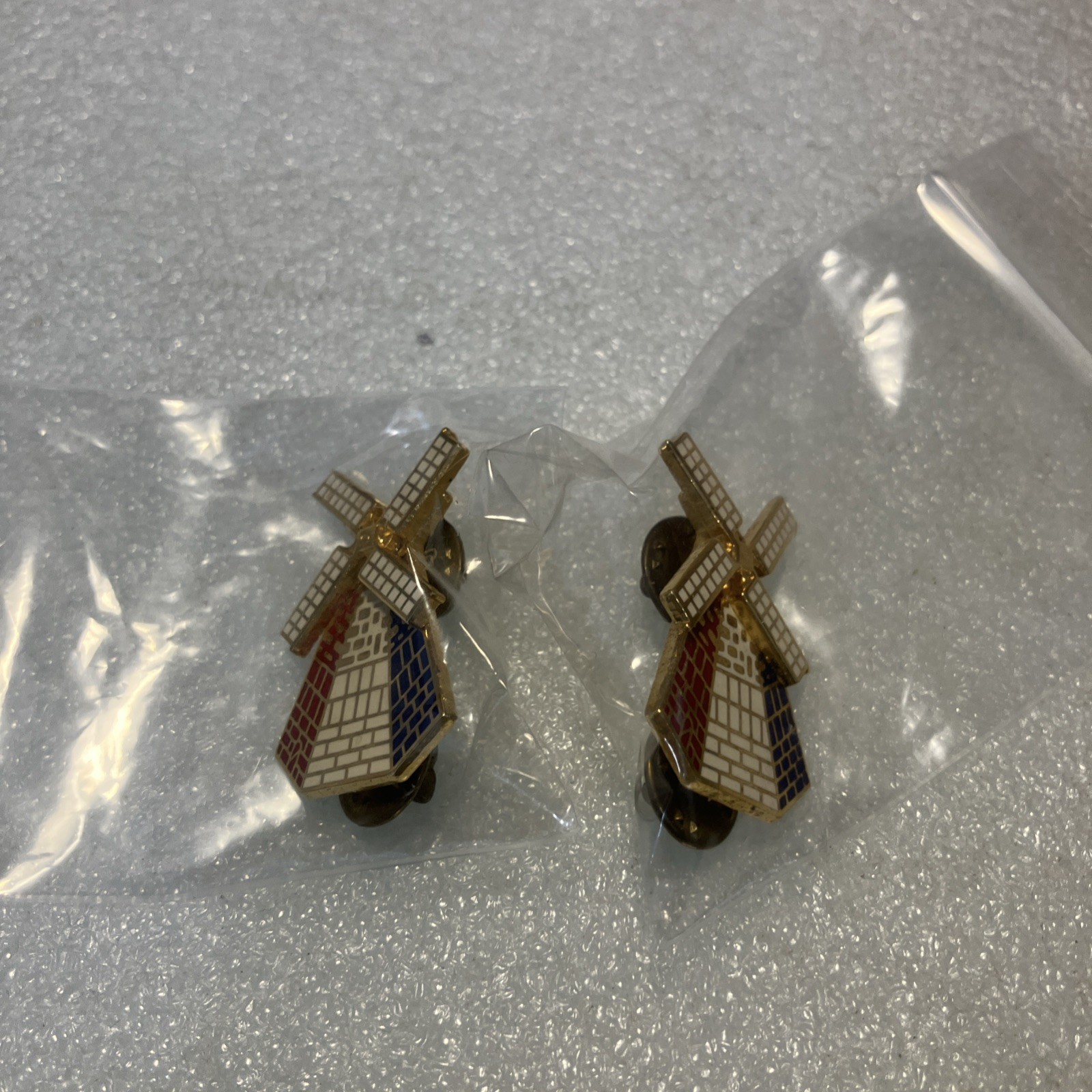 2 USED Vtg. 1988 France Moulin Rouge Windmill Pins Tricolor Enamel Made in USA.