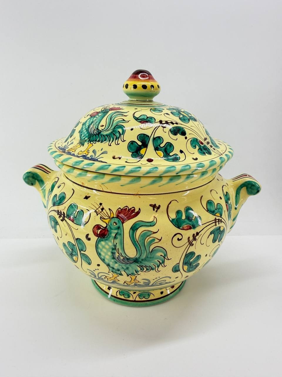 Vintage P.V. Italy Hand Painted Rooster Floral Ceramic Soup Tureen Lid 3 lb