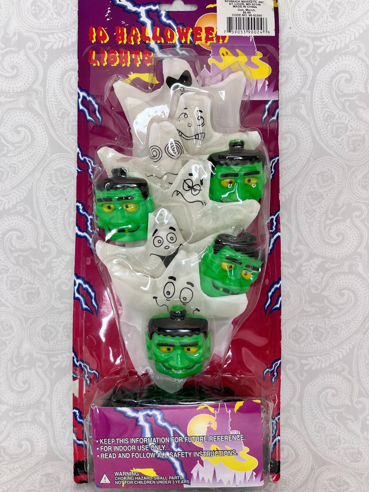 Vtg Set 10 Blow Mold Frankenstein Frankie Fabric Goofy Ghosts String Lights NOS