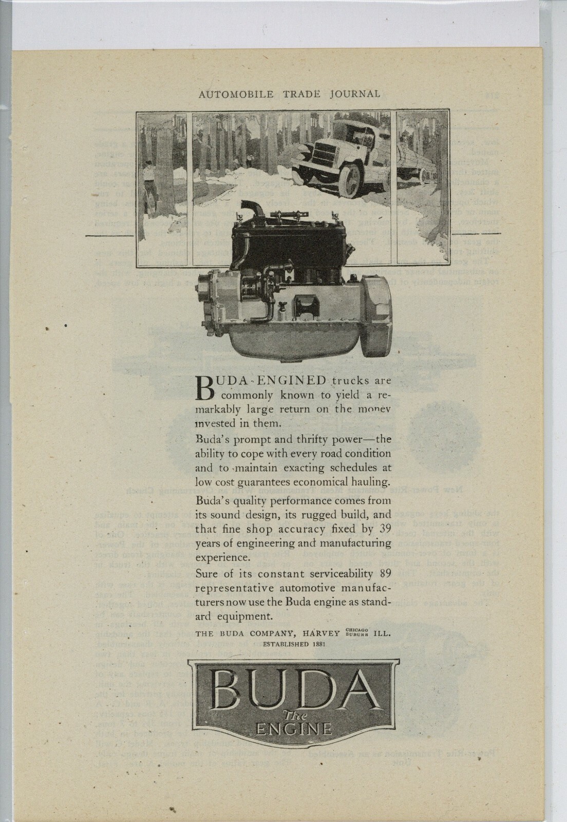 1921 Buda Co. Ad: Buda Truck Engines - Est. 1881 - Harvey/Chicago, Illinois