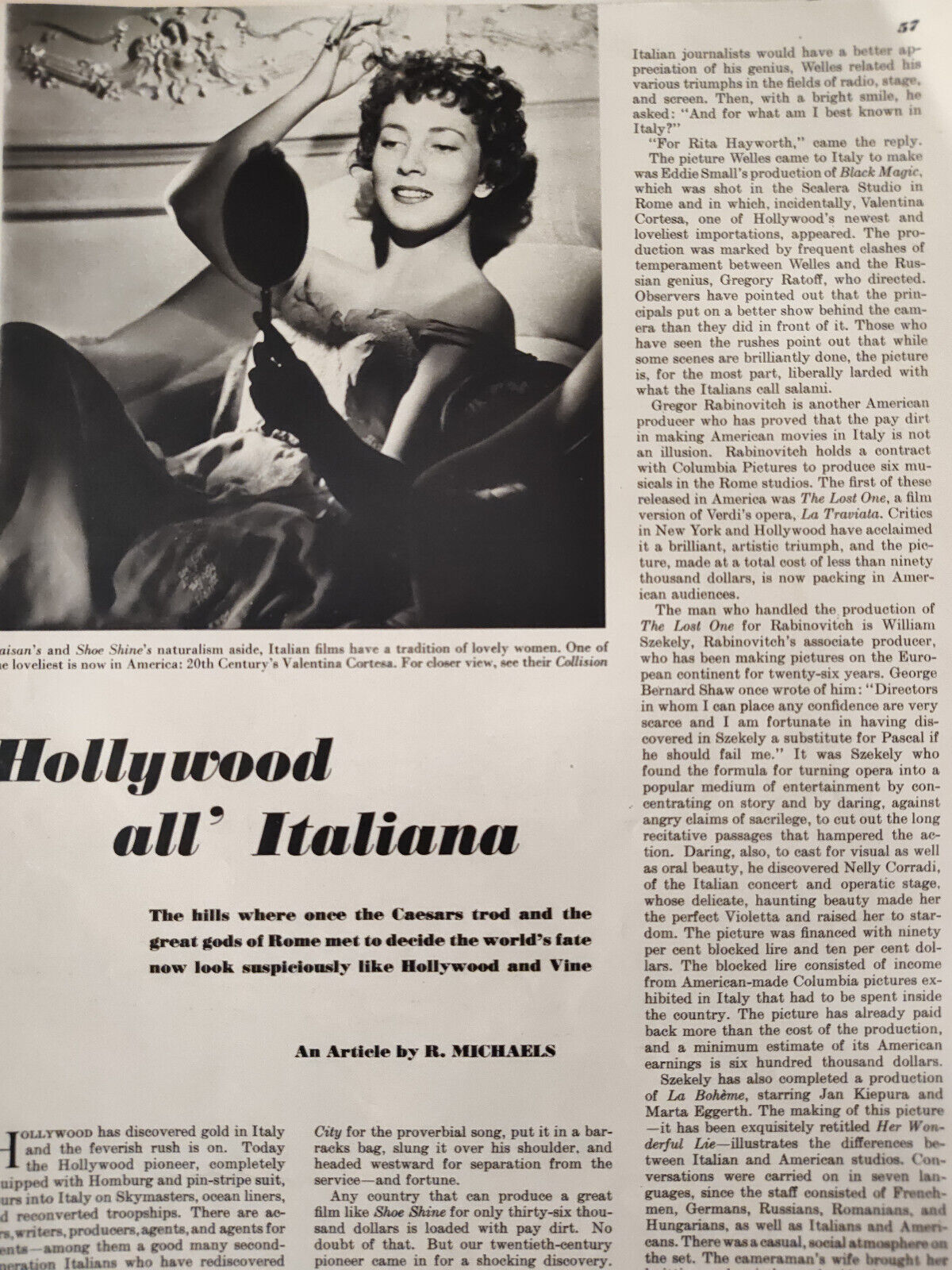 1949 Original Esquire Art Italy to Hollywood Valentina Cortesa Article Photos