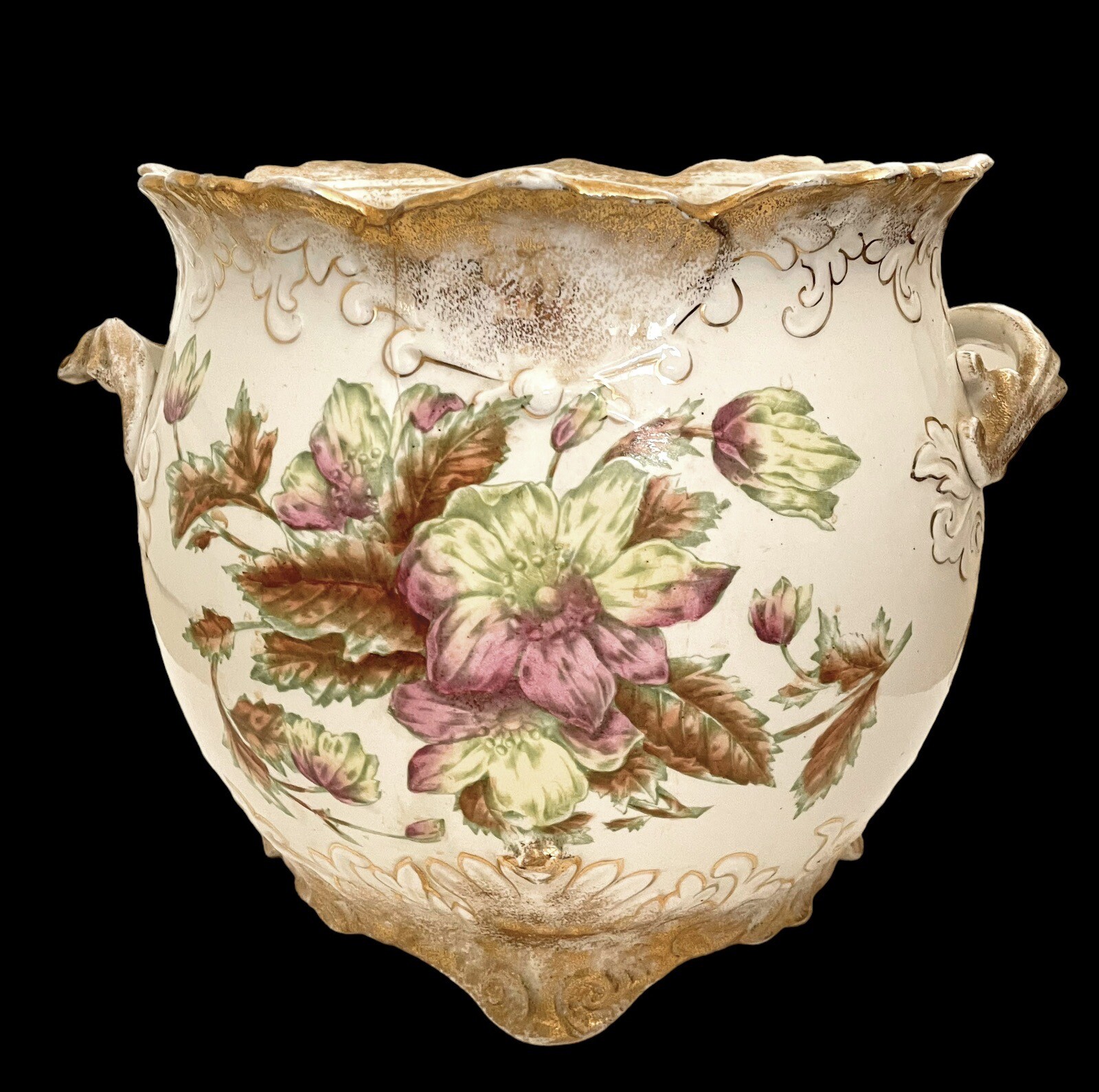 Large Antique Warwick Semi-Porcelain Peonies Jardinière Vase Hand-Painted Large Antique Warwick Semi-Porcelain Peonies Jardinière Vase Hand-Painted