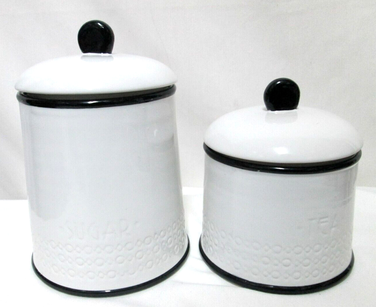 Anthropologie Biscuit Ceramic Sugar Tea striped Jar Canister Set 2 lidded black
