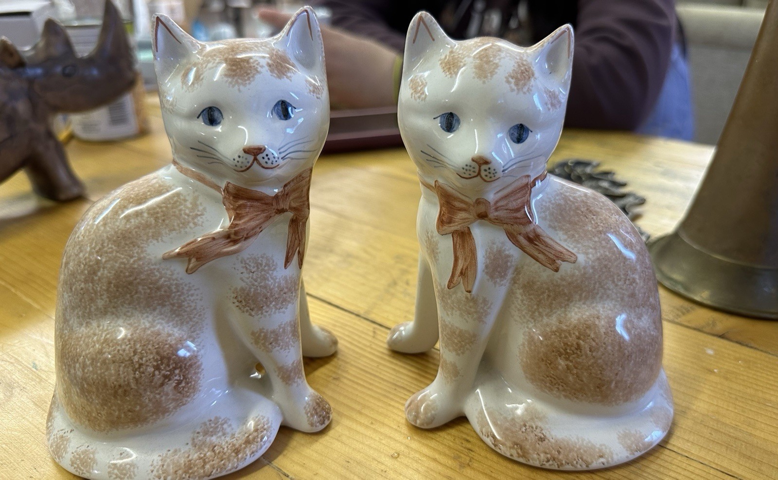 Rye Pottery Pair of Cat Figurines 14cm tall Hand made and hand painted .