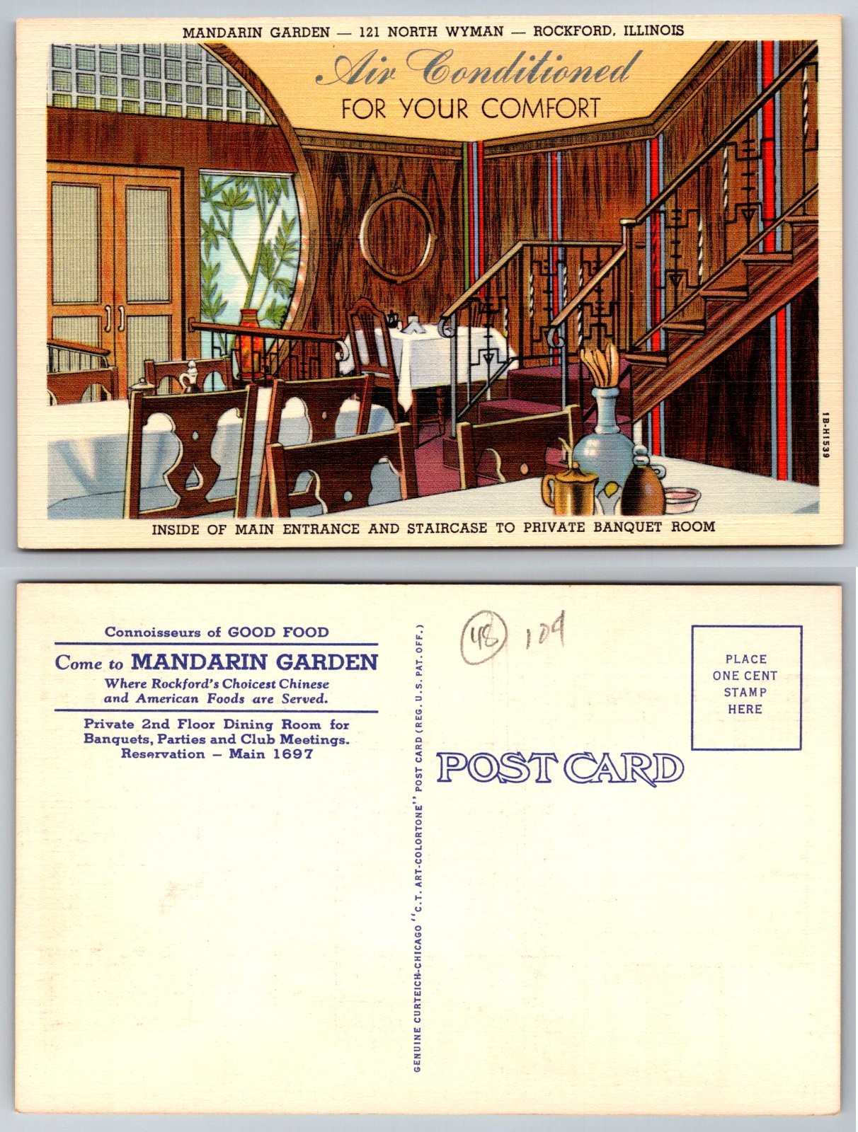 Rockford Illinois Mandarin Garden Restaurant Interior Staircase Postcard