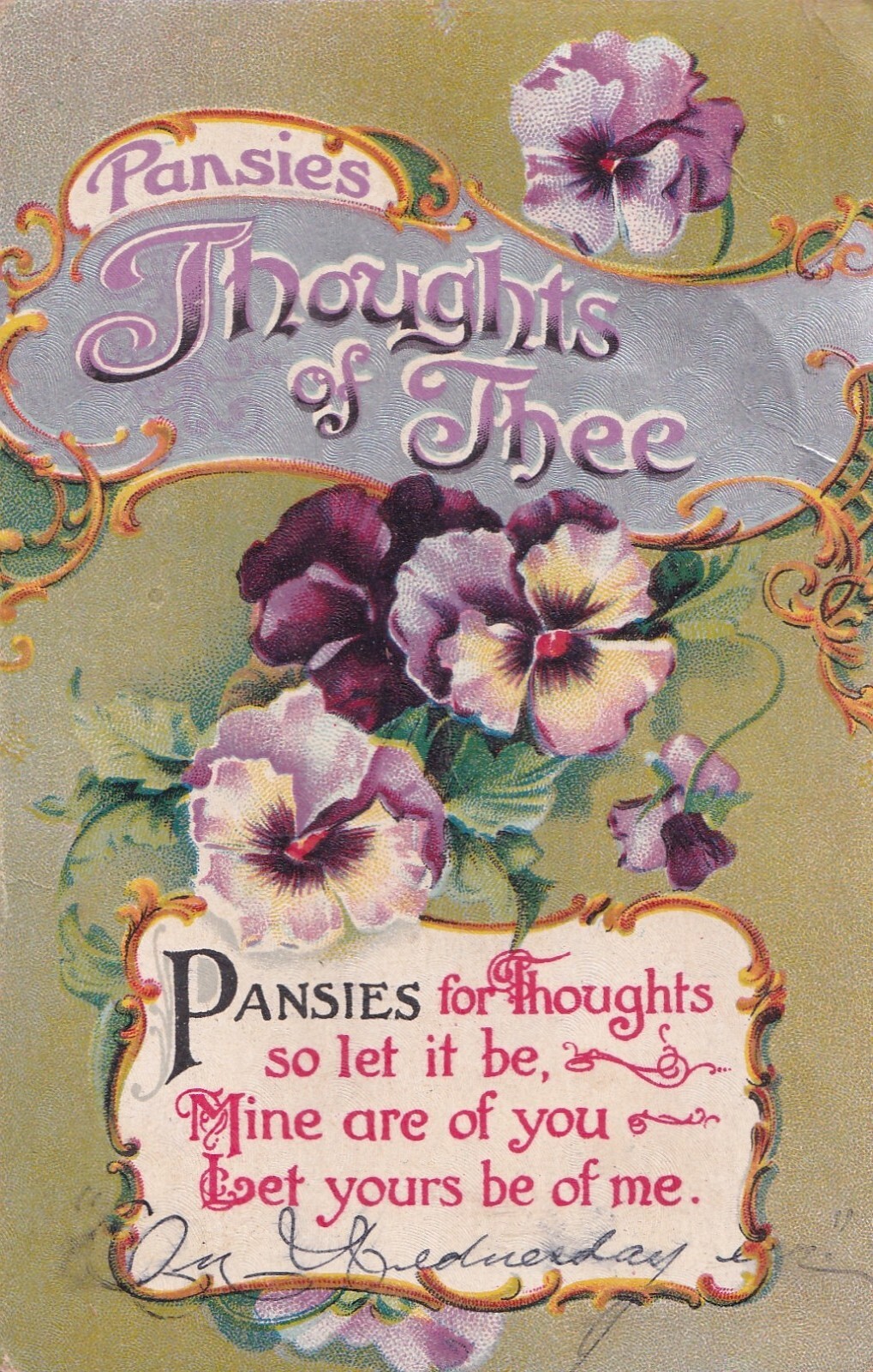 Vintage Postcard Xmas Christmas Pansies Thoughts Of Thee Flowers 1910 A2