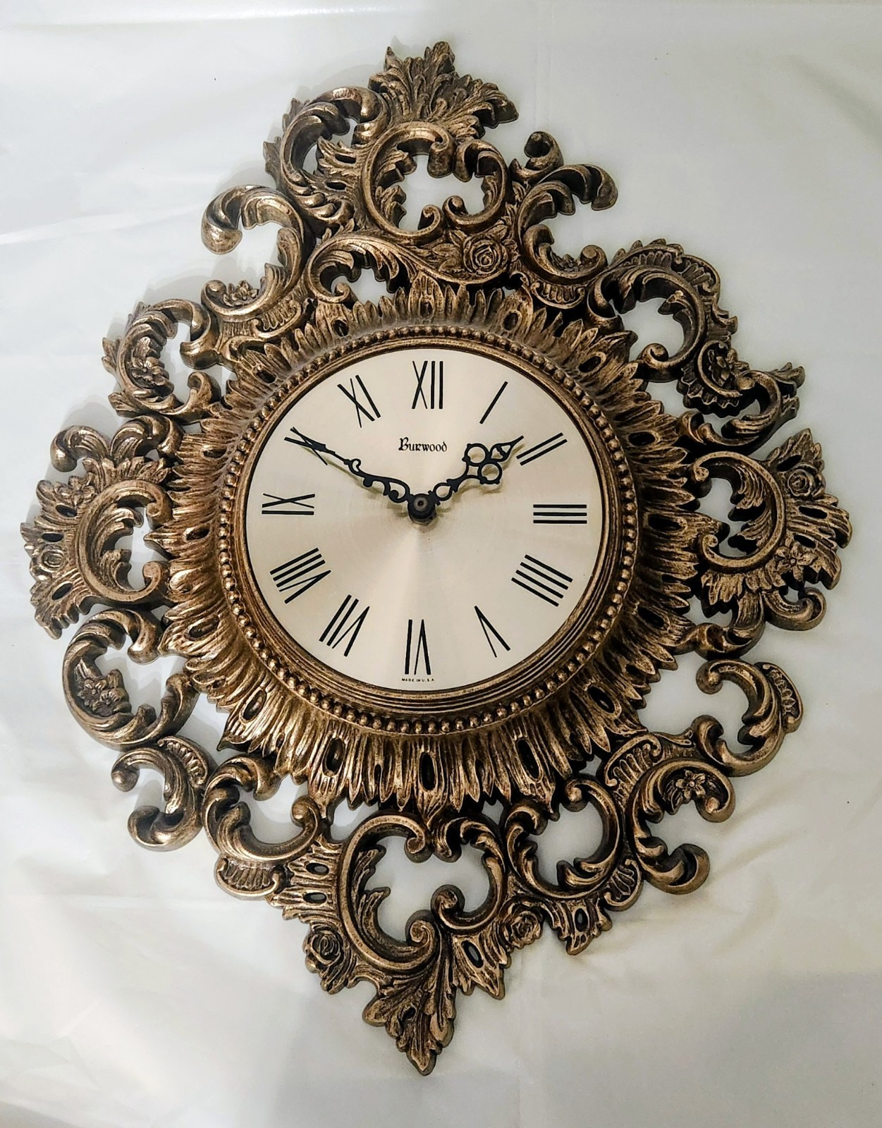 Vintage Burwood Wall Hanging Clock MCM 1965 USA #4288-1 Hollywood Regency-Tested