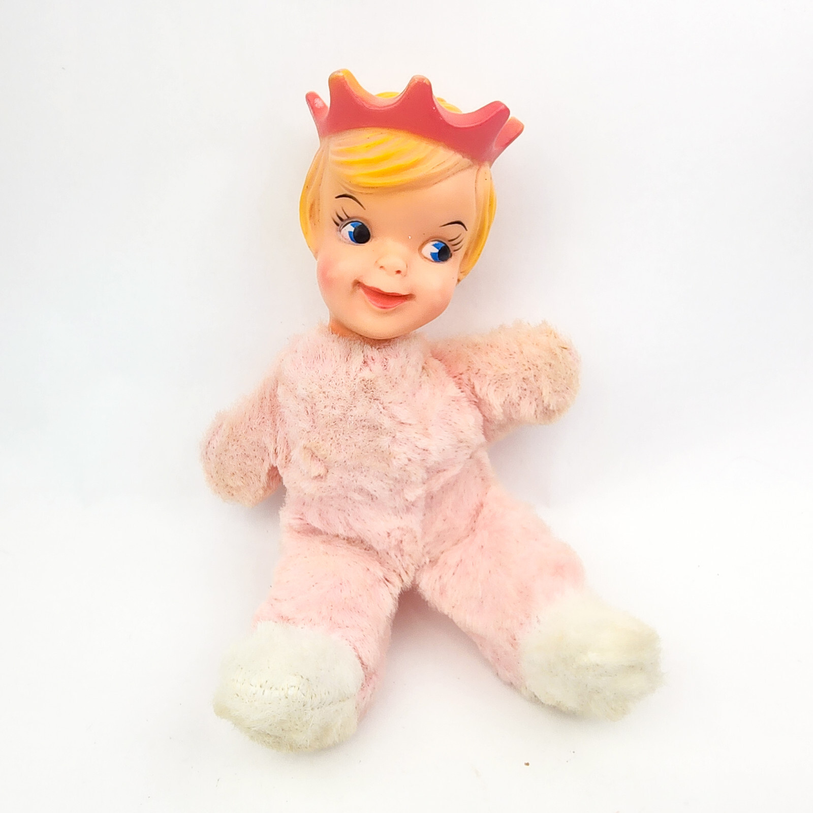 Vintage Rubber Face Doll Princess Queen Blonde Hair Pink Crown Plush Body