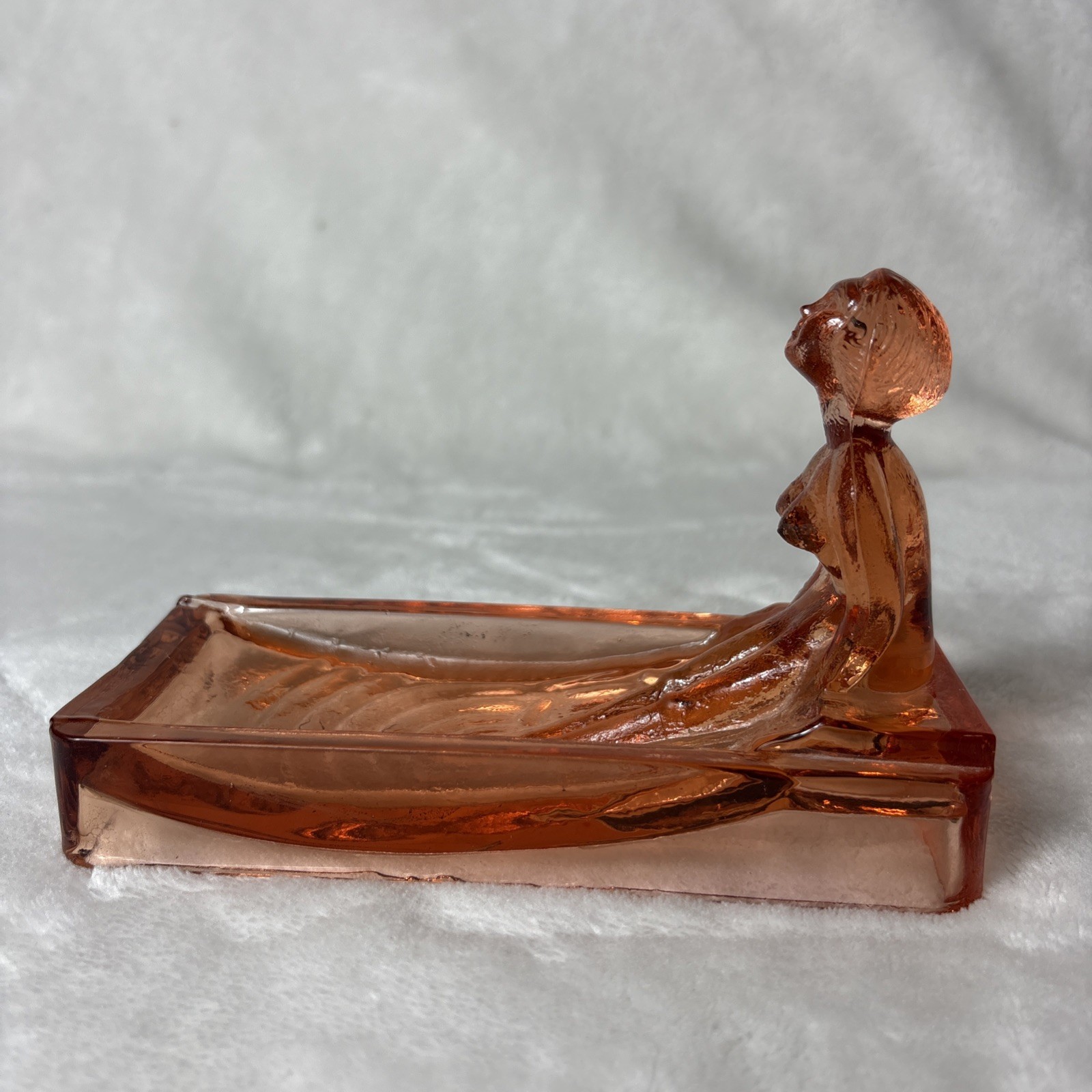 Vintage Art Deco Pink Depression Glass Nude Lady Soap Dish Trinket Tray 1930s