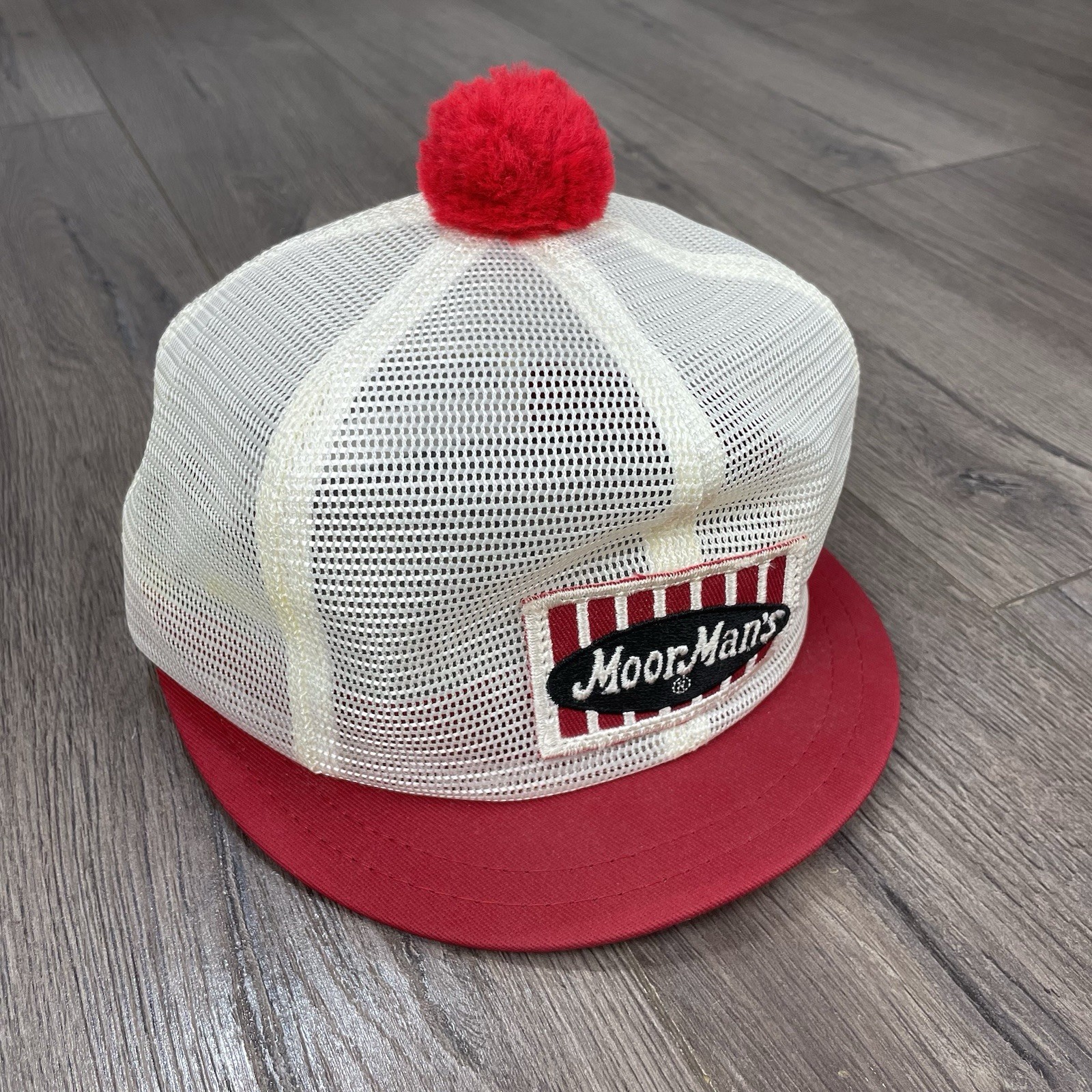 Vintage MoorMan's Feeds Farm Patch Hat Short Brim Puff Ball Snapback Trucker