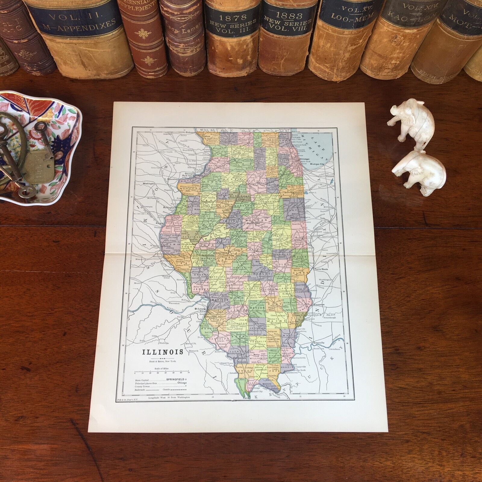Original 1890 Antique Map ILLINOIS Aurora Springfield Bloomington Berwyn Joliet