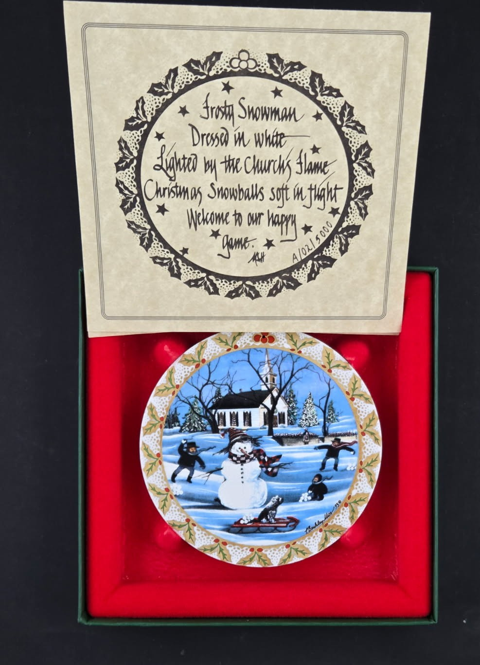 P Buckley Moss FROSTY SNOWMAN Hanging Christmas Ornament 1933 With CoA & Box