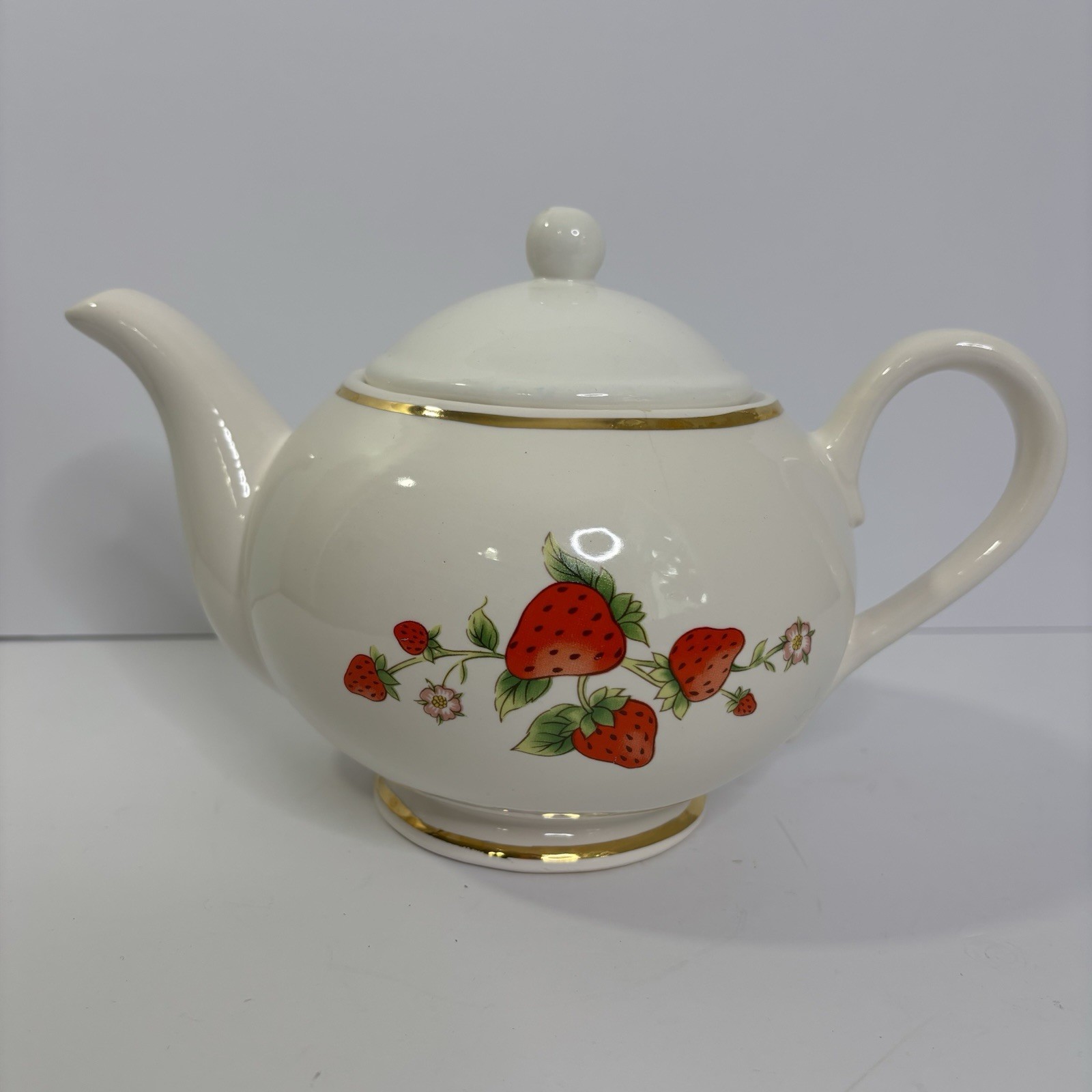 Vintage Teleflora Strawberry Time Teapot Ceramic Gold Accents