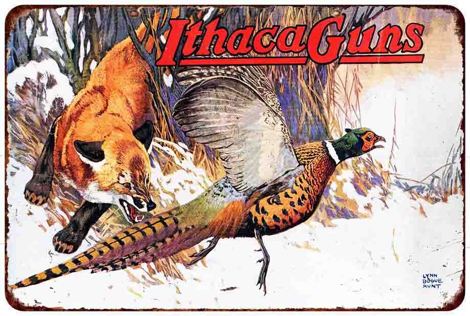 Ithaca Guns Fox and Pheasant Vintage look Reproduction metal sign wall art