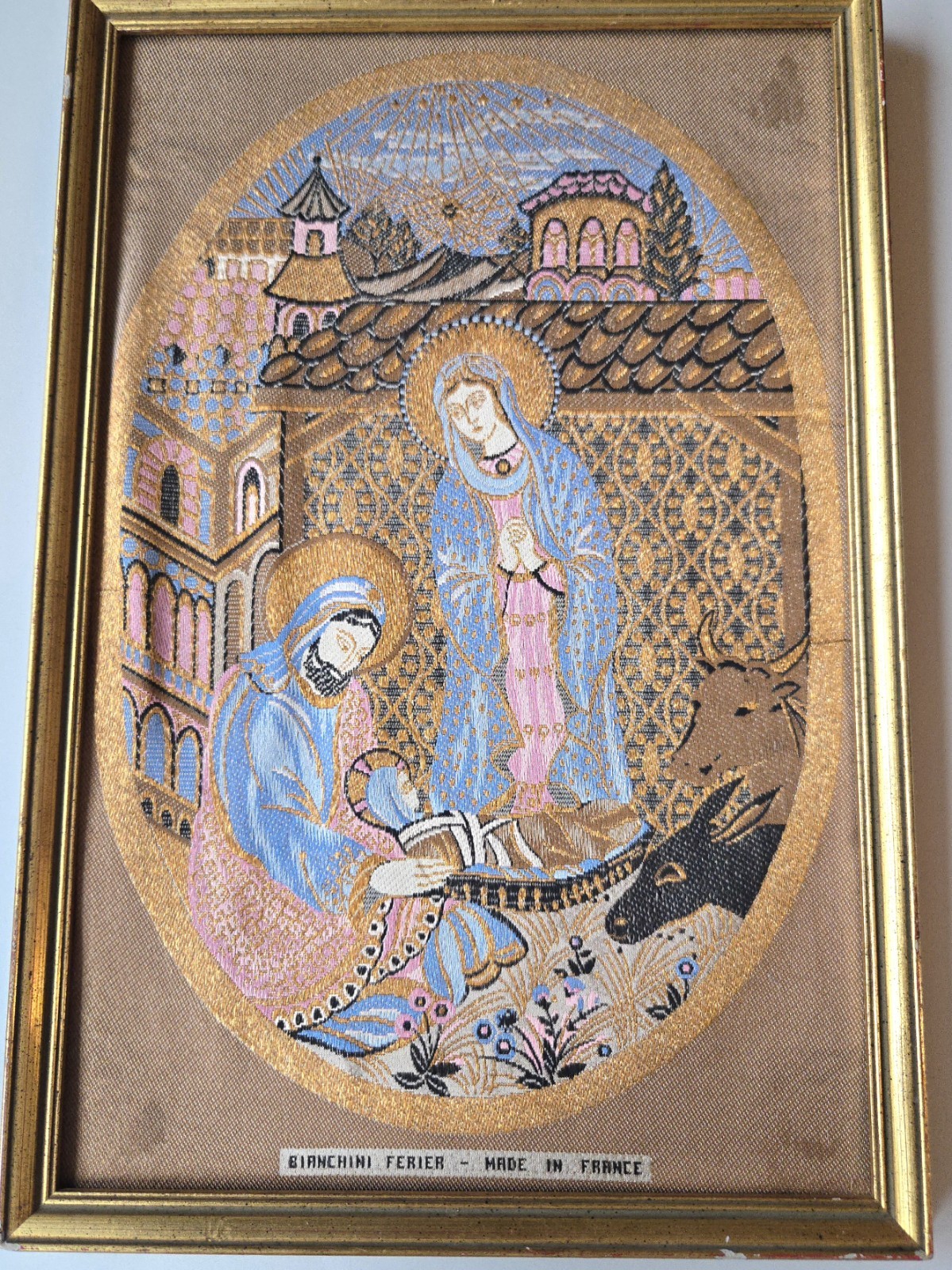 Vintage Bianchini-Férier French Woven Tapestry Nativity Holy Family Framed