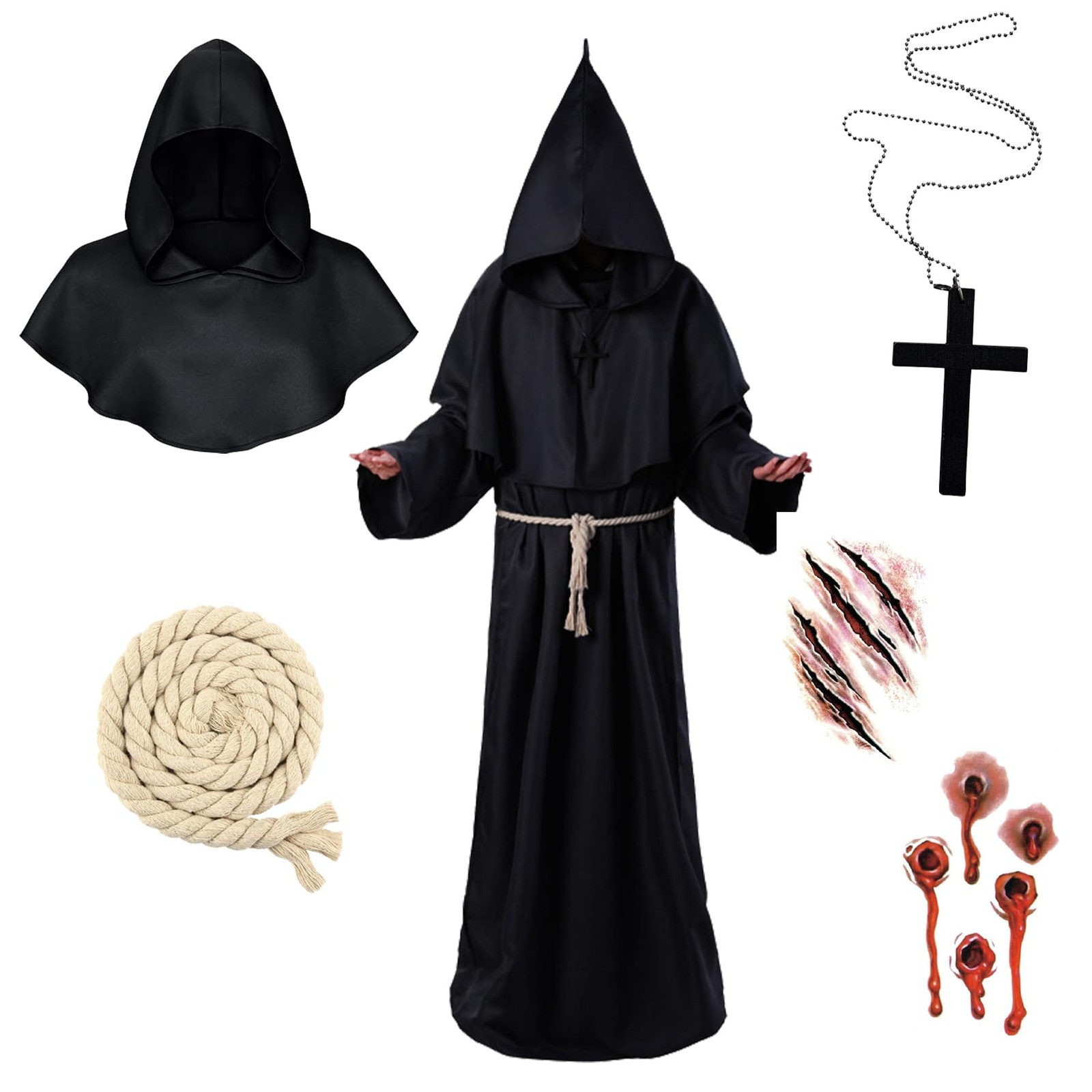 Elejolie Medieval Renaissance Monk Robe Halloween Friar Priest Hooded Cloak