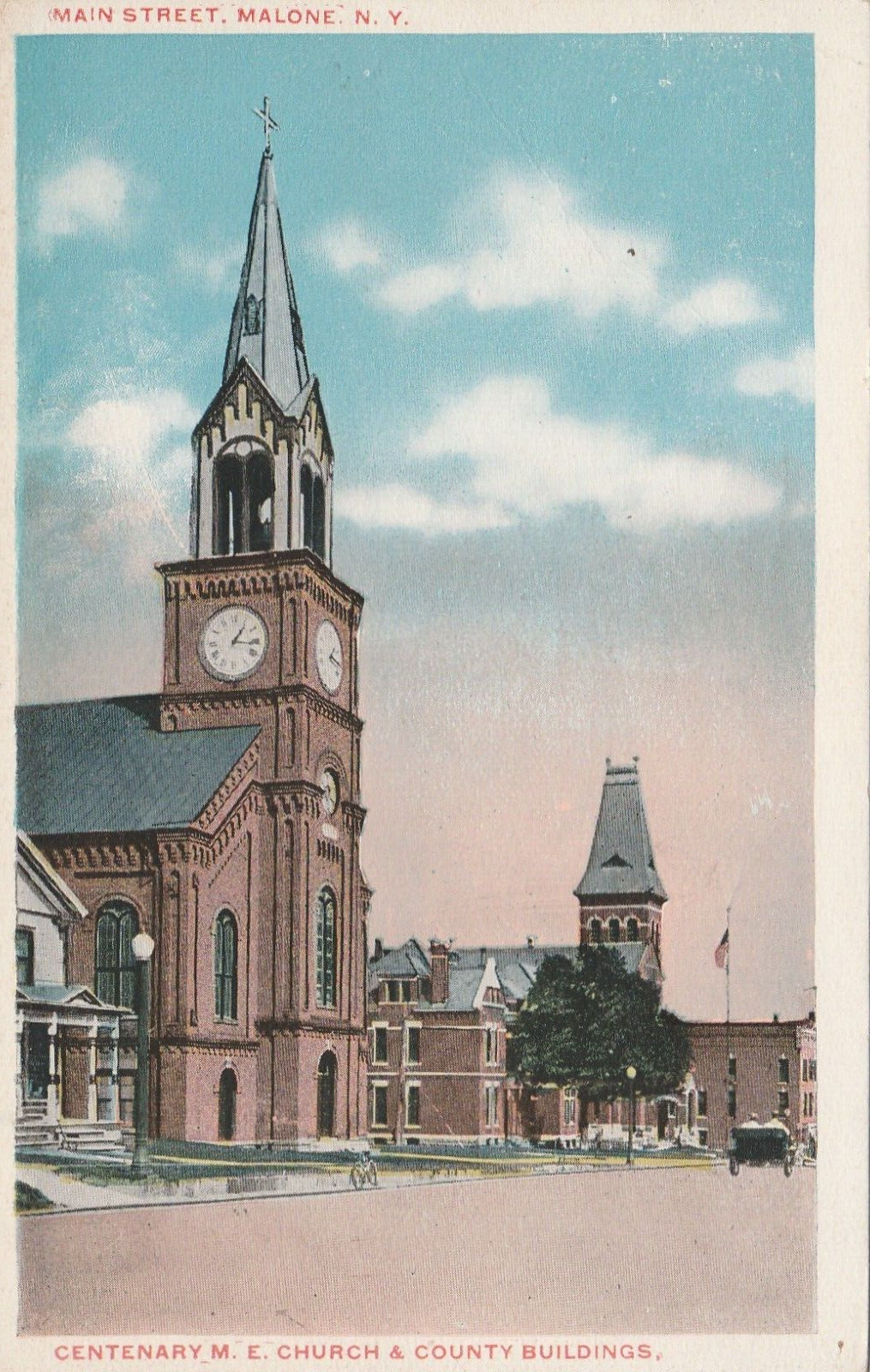 Centenary M E Church & County Buildings Main St Malone NY Vintage postcard
