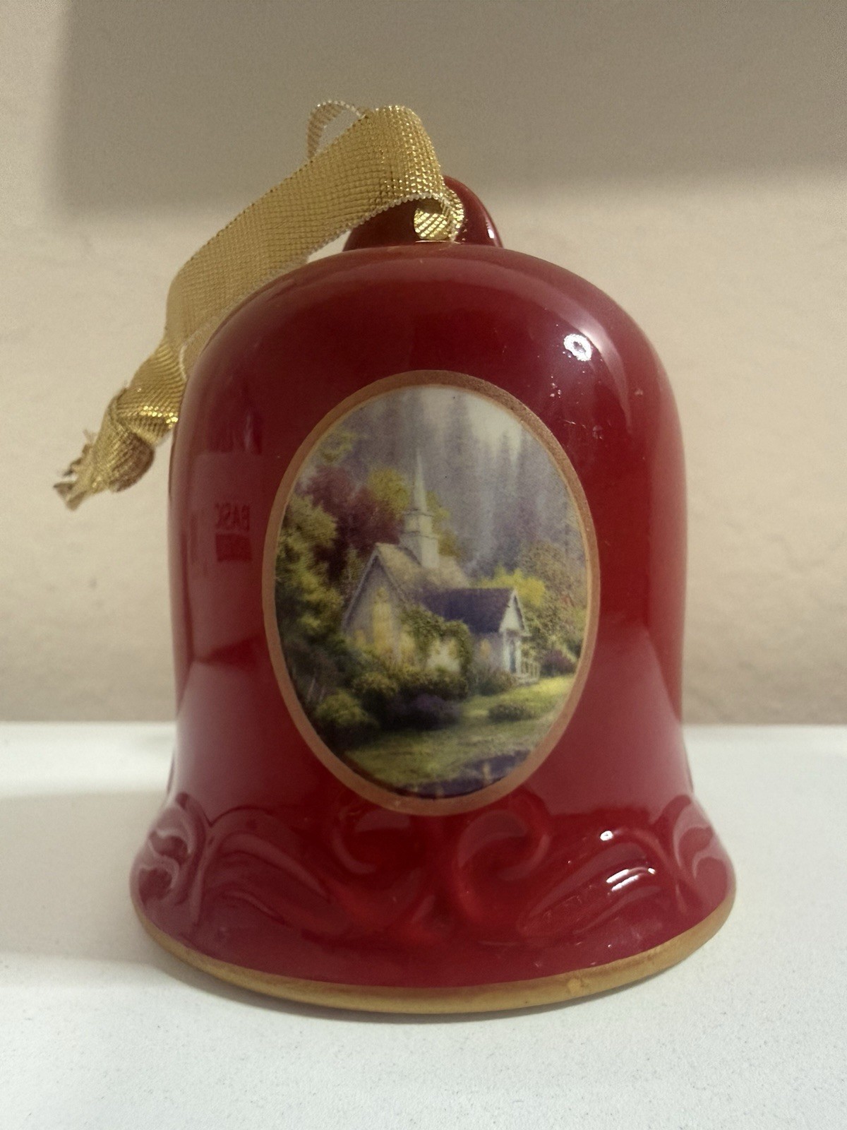 2008 Thomas Kinkade Red Christmas Bell Ornament Porcelain Snowflake Clapper
