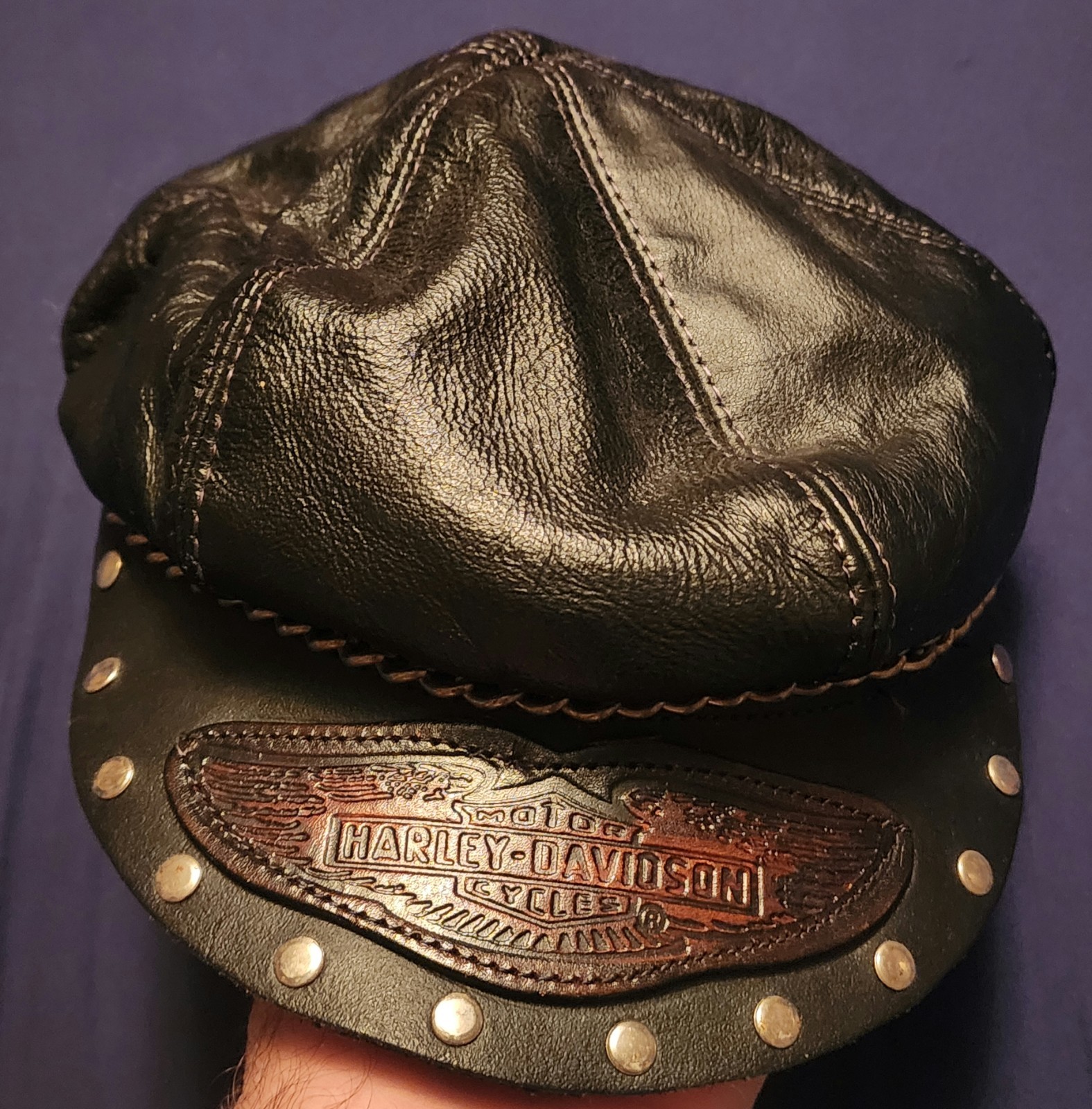 Vintage 3D Emblem Harley Davidson Bike Leather Cap Hat Studs Chain Visor