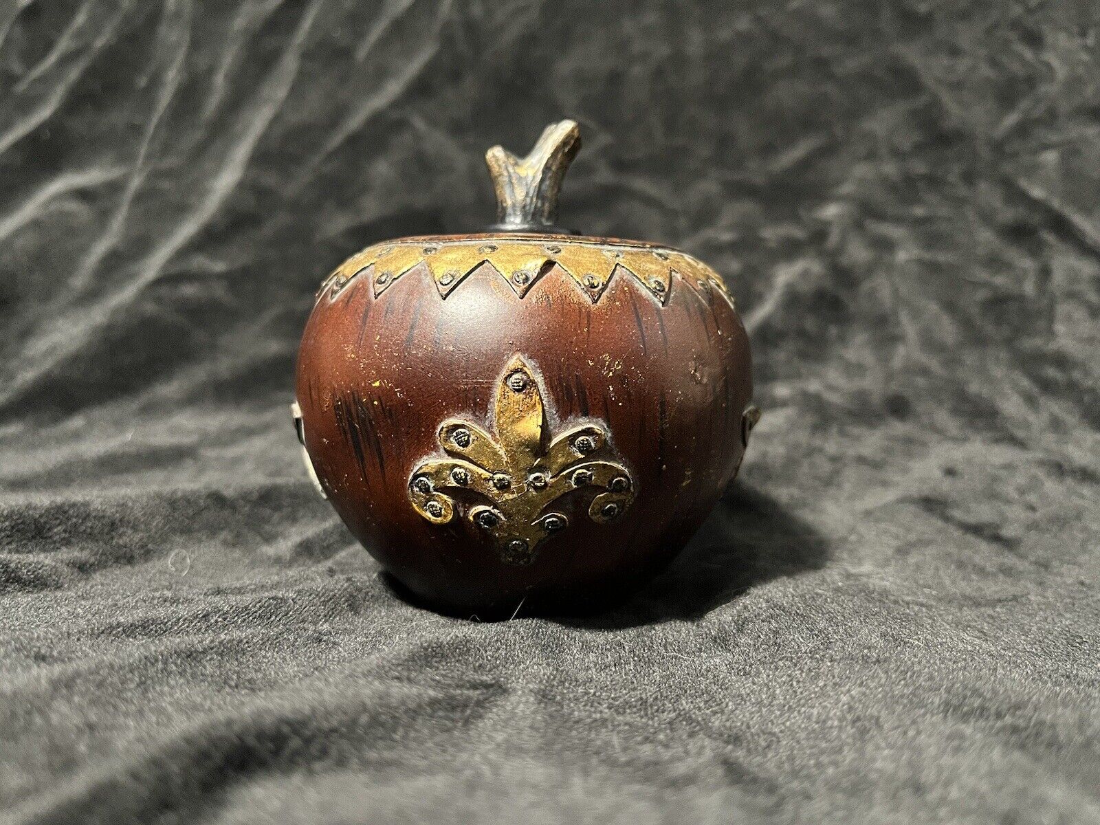Unique Antique Wooden Apple With Brass Decor