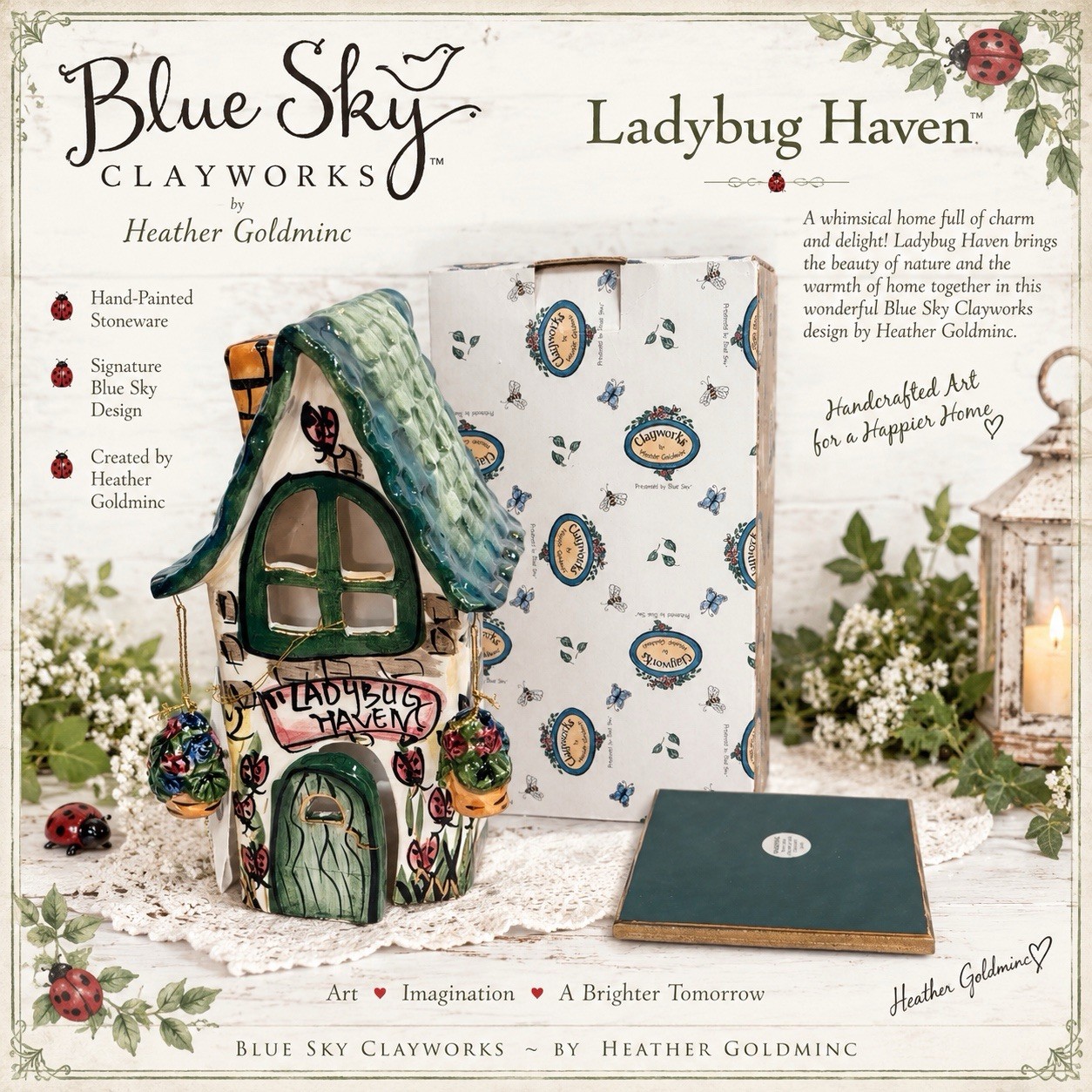 Heather Goldmine 2000 ‘Ladybug Haven’ Tea Light Candle Blue Sky Clayworks 8.5”