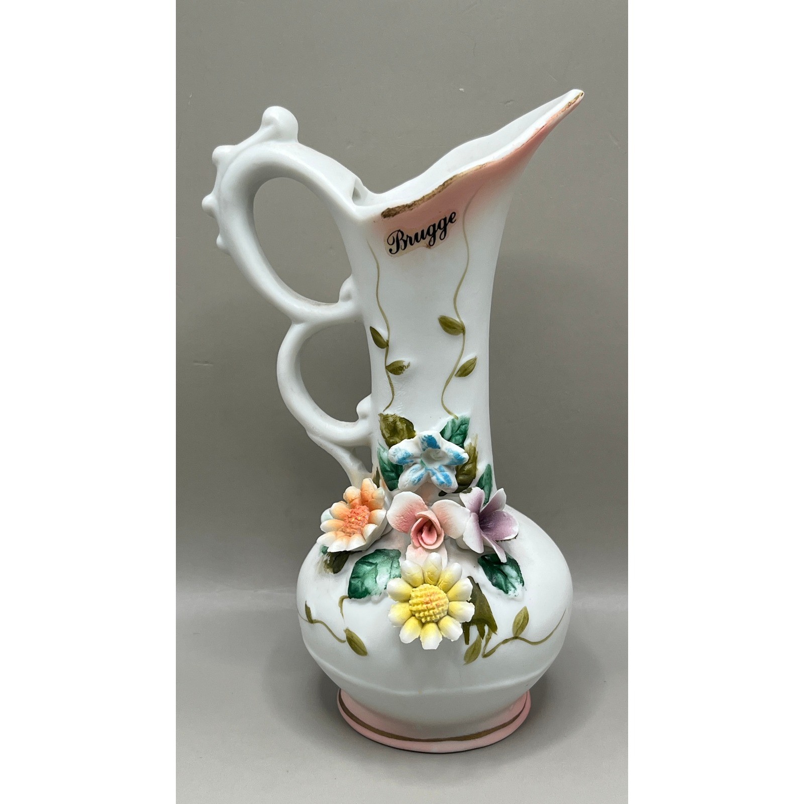 Vtg Porcelain Bisque Brugge Belgium Pitcher Applied 3D Floral White Pink 5.5