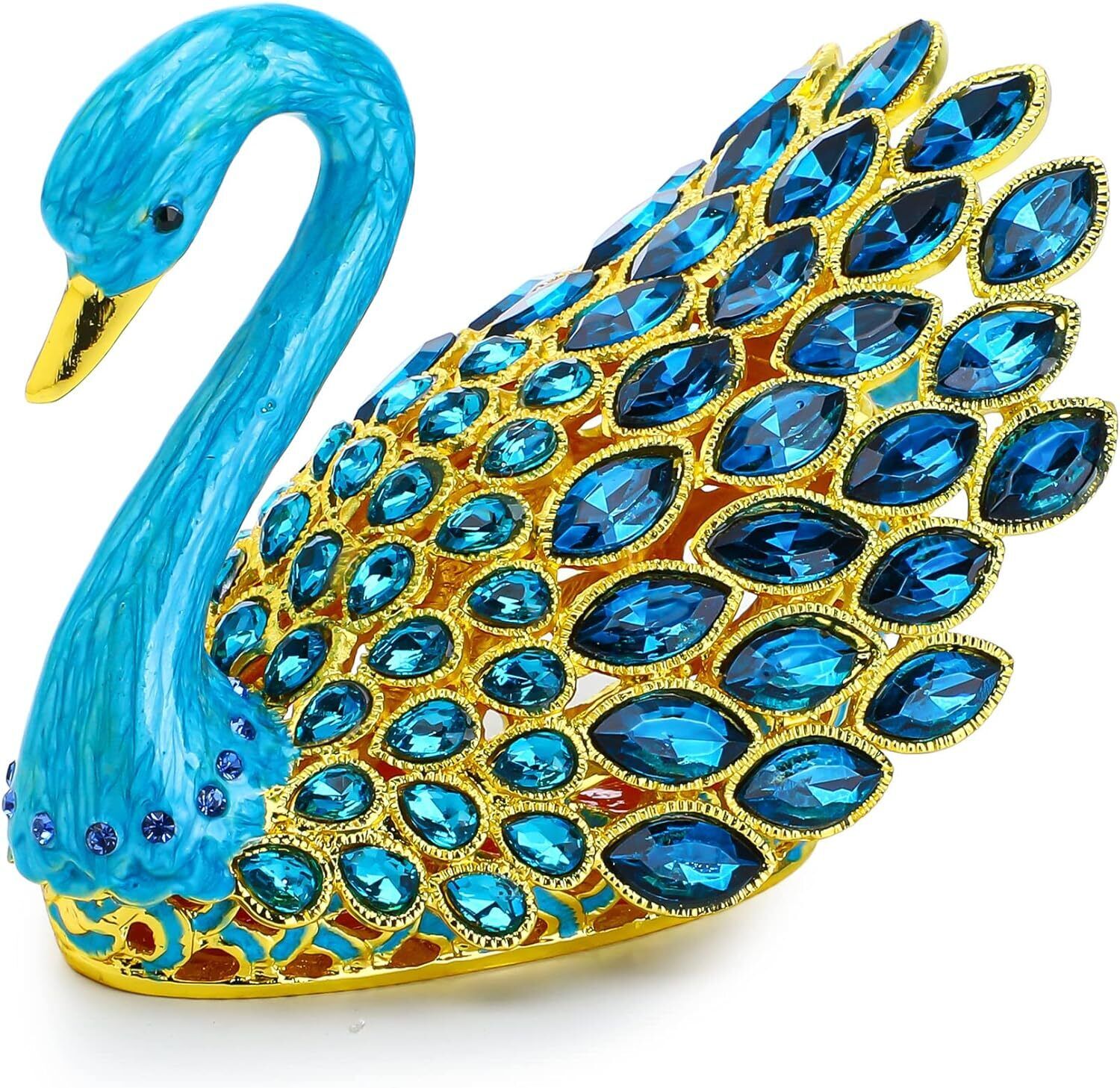 Bejeweled Enameled Animal Trinket Box/Figurine with Blue Gems Swan
