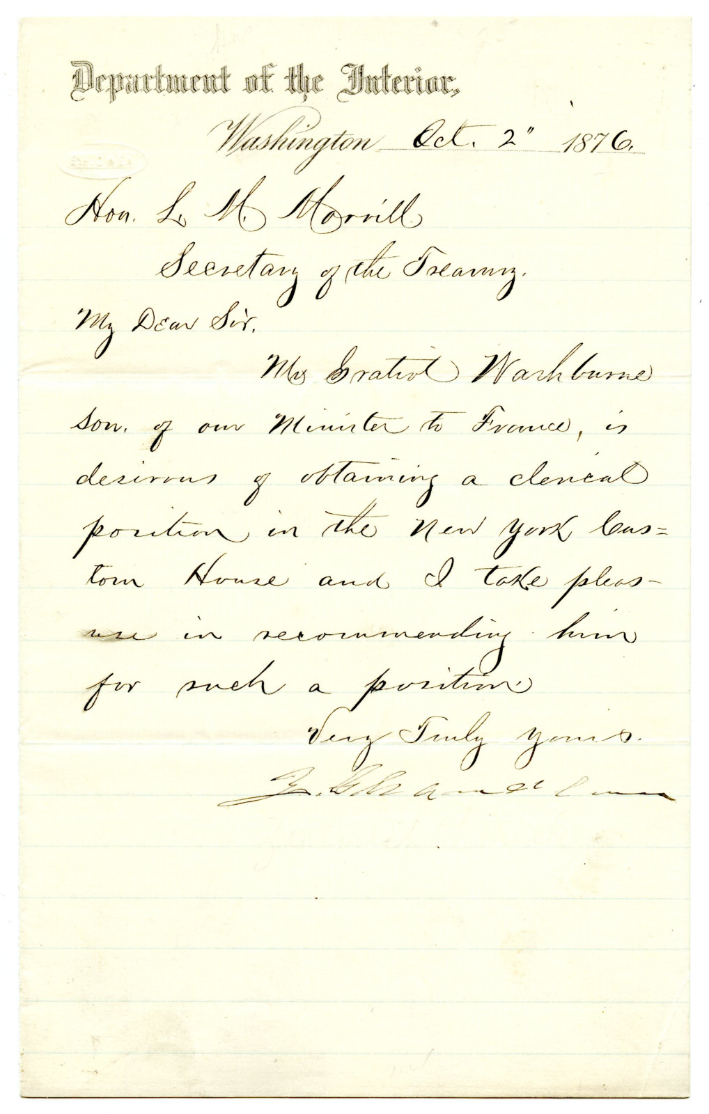 ZACHARIAH CHANDLER, US Interior Secretary/MI Senator/Detroit Mayor, Letter 12027