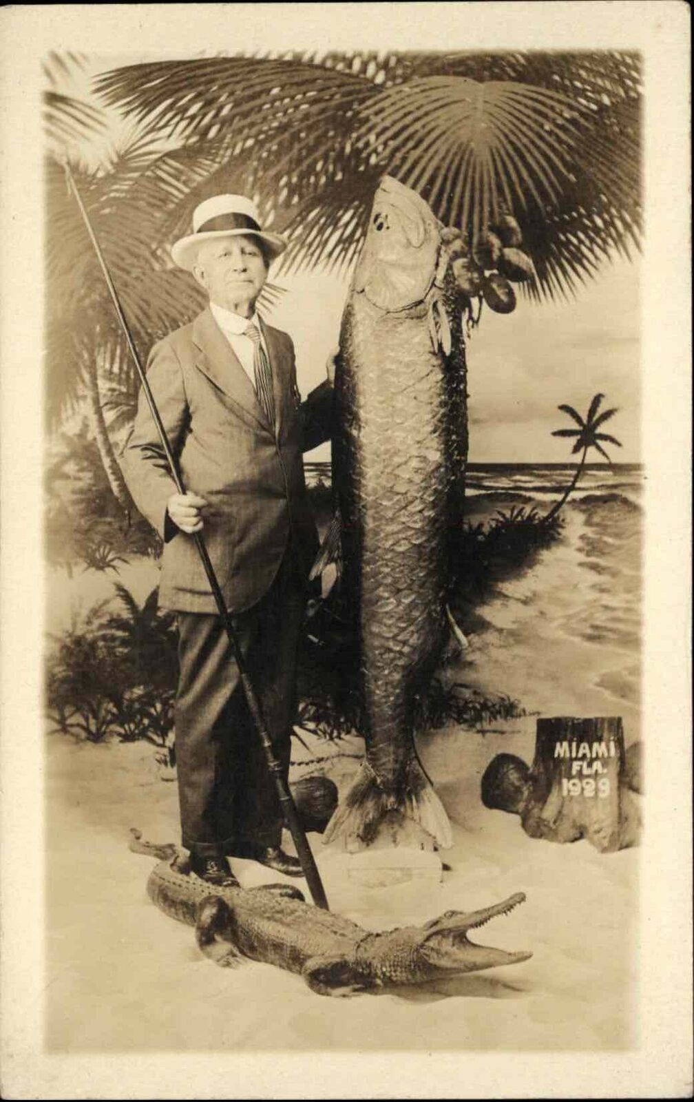 Vintage RPPC Miami Florida FL Studio Portrait PROP CROCODILE Fishing Rod